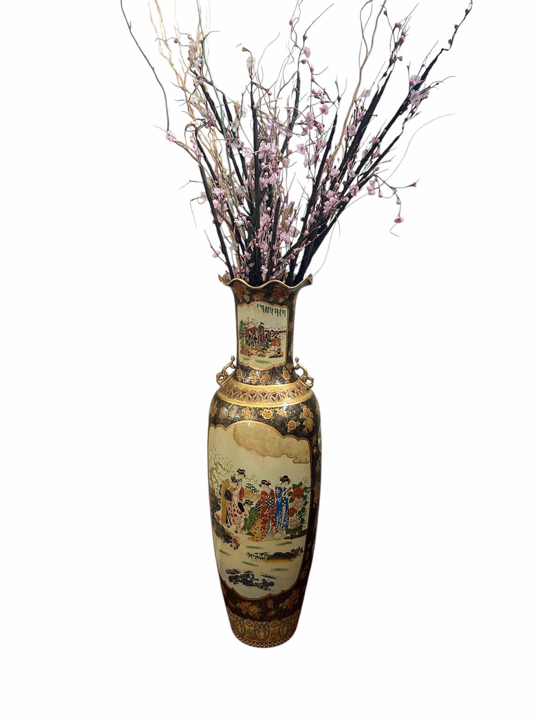Photo 1 of VINTAGE JAPANESE SATSUMA POTTERY VASE INTRICATE ENAMEL PAINTINGS W GOLD ORNATE HANDLES AND FAUX CHERRY BLOSSOMS H 80"