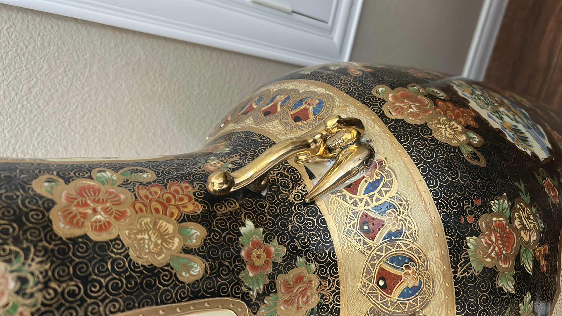 Photo 1 of VINTAGE JAPANESE SATSUMA POTTERY VASE INTRICATE ENAMEL PAINTINGS W GOLD ORNATE HANDLES AND FAUX CHERRY BLOSSOMS H 80"