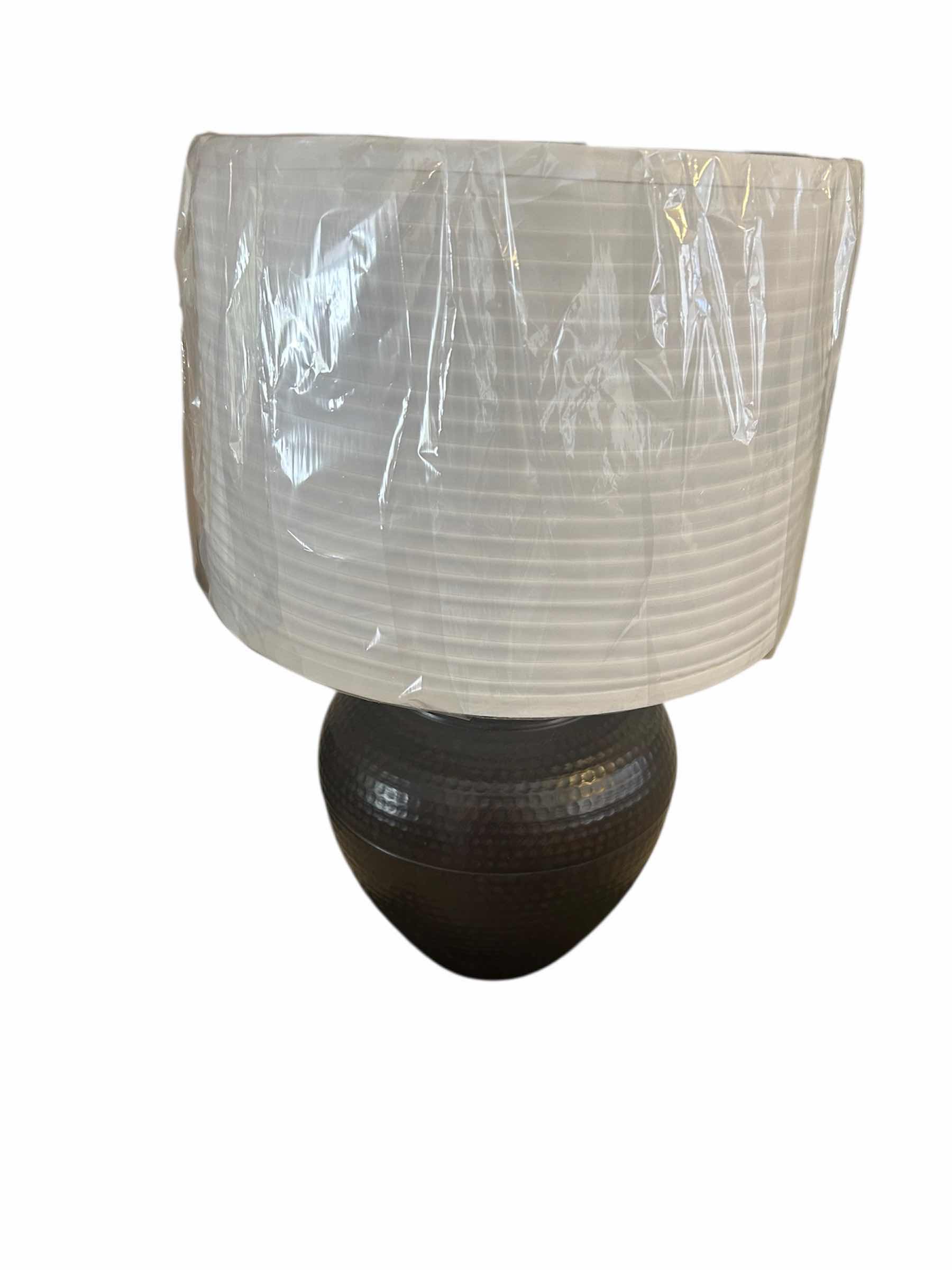 Photo 1 of DREW TABLE LAMP DARK BROWN METAL BASE W LINEN SHADE H 27"