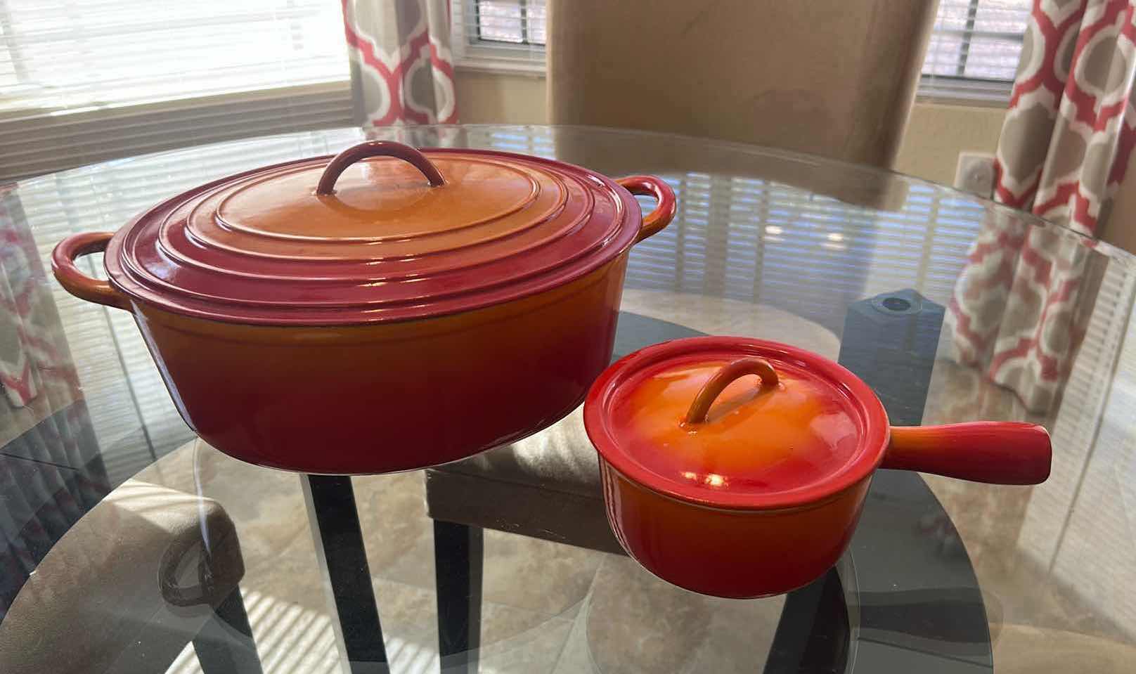 Photo 1 of 2- CAST IRON ORANGE DUTCH OVEN SMALL PAN FROM BELGIUM