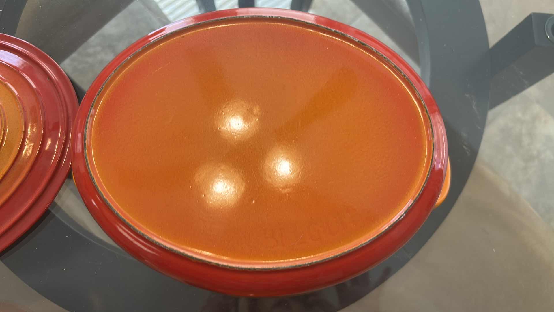 Photo 1 of 2- CAST IRON ORANGE DUTCH OVEN SMALL PAN FROM BELGIUM