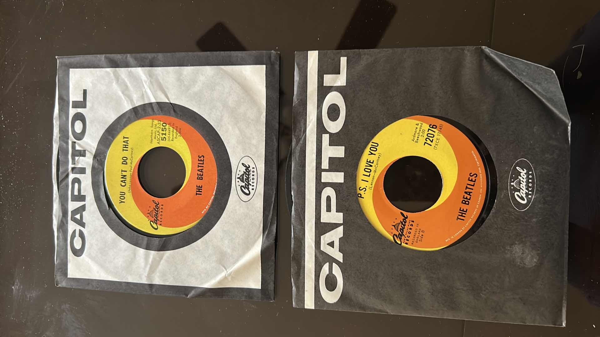 Photo 1 of 2- ORIGINAL CANADIAN PRESSINGS OF BEATLES SINGLES RELEASED BY CAPITAL RECORDS IF CANADA " PS I LOVE YOU" " YOU CANT DO THAT"