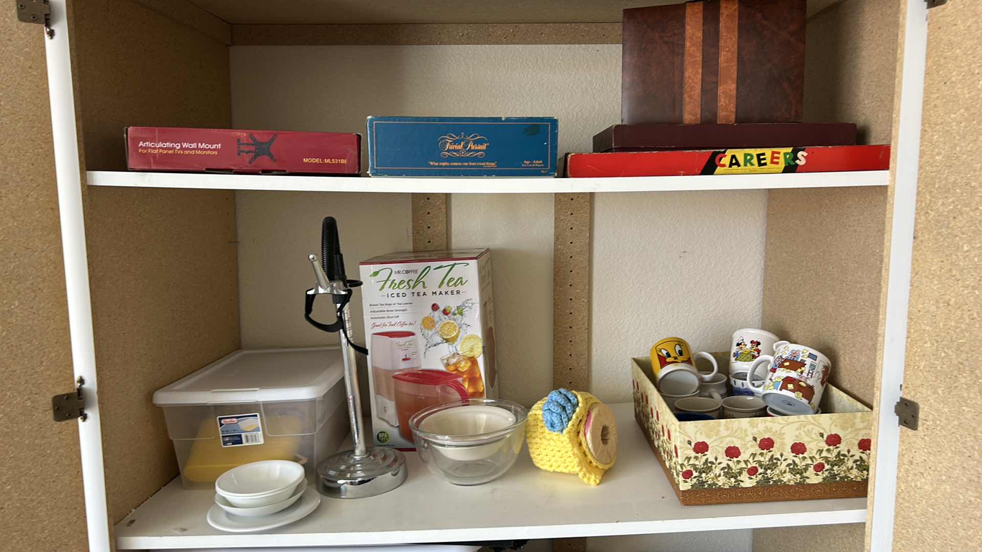 Photo 1 of CONTENTS ON 2 SHELVES- GAMES, HOUSEHOLD GOODS, COFFEE MUGS, BOWLS AND MORE