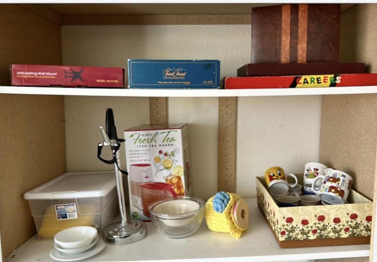 Photo 1 of CONTENTS ON 2 SHELVES- GAMES, HOUSEHOLD GOODS, COFFEE MUGS, BOWLS AND MORE