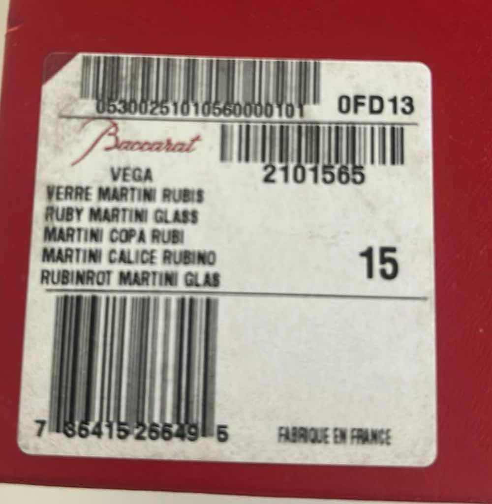 Photo 1 of BACCARAT VEGA MARTINI GLASS RUBY COLOR PART OF THE VEGA COLLECTION IN ORIGINAL RED BOX