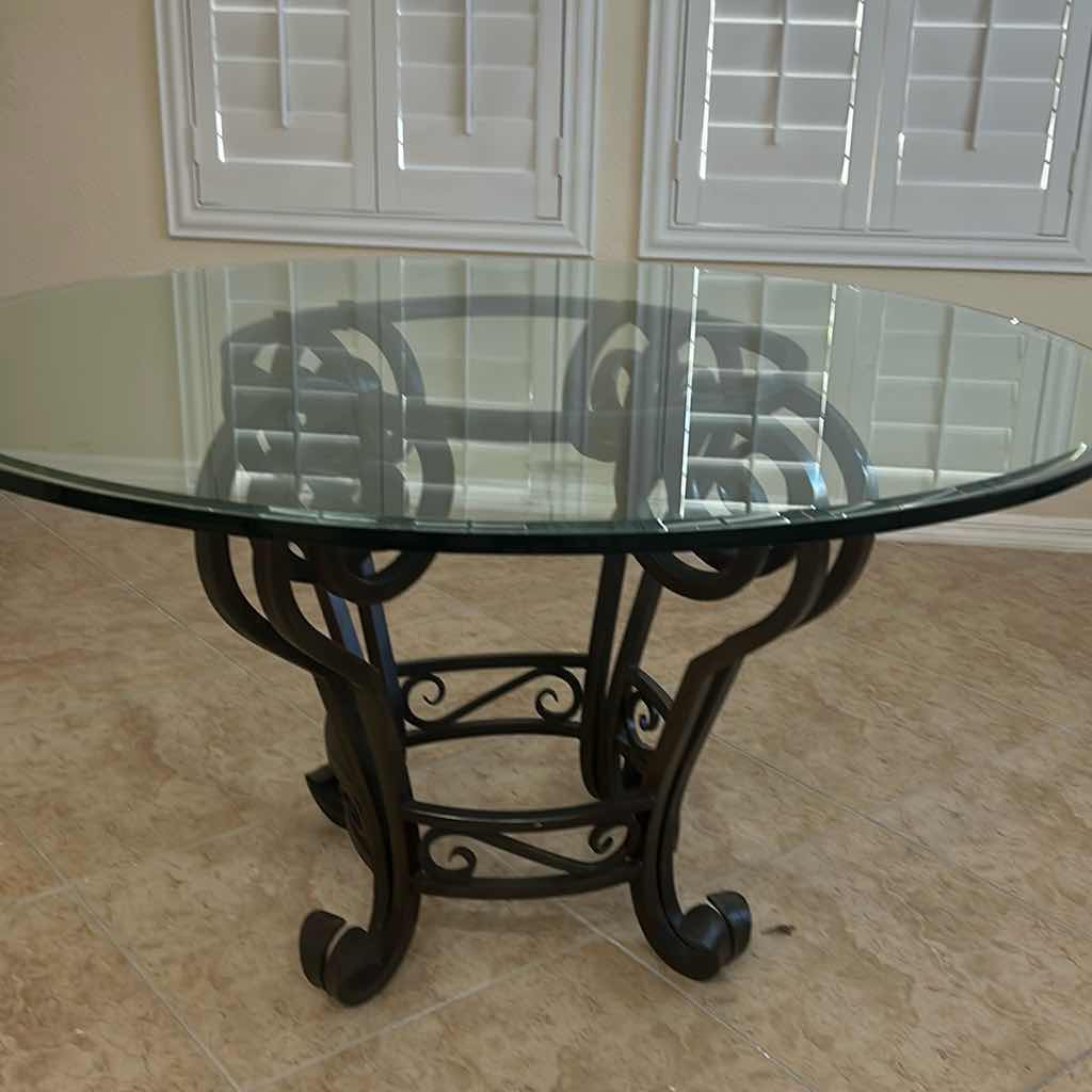 Photo 1 of REGENCY STYLE ROUND WROUGHT IRON BASE DINING TABLE W BEVELED GLASS TOP W 54" CHAIRS SOLD SEPARATELY