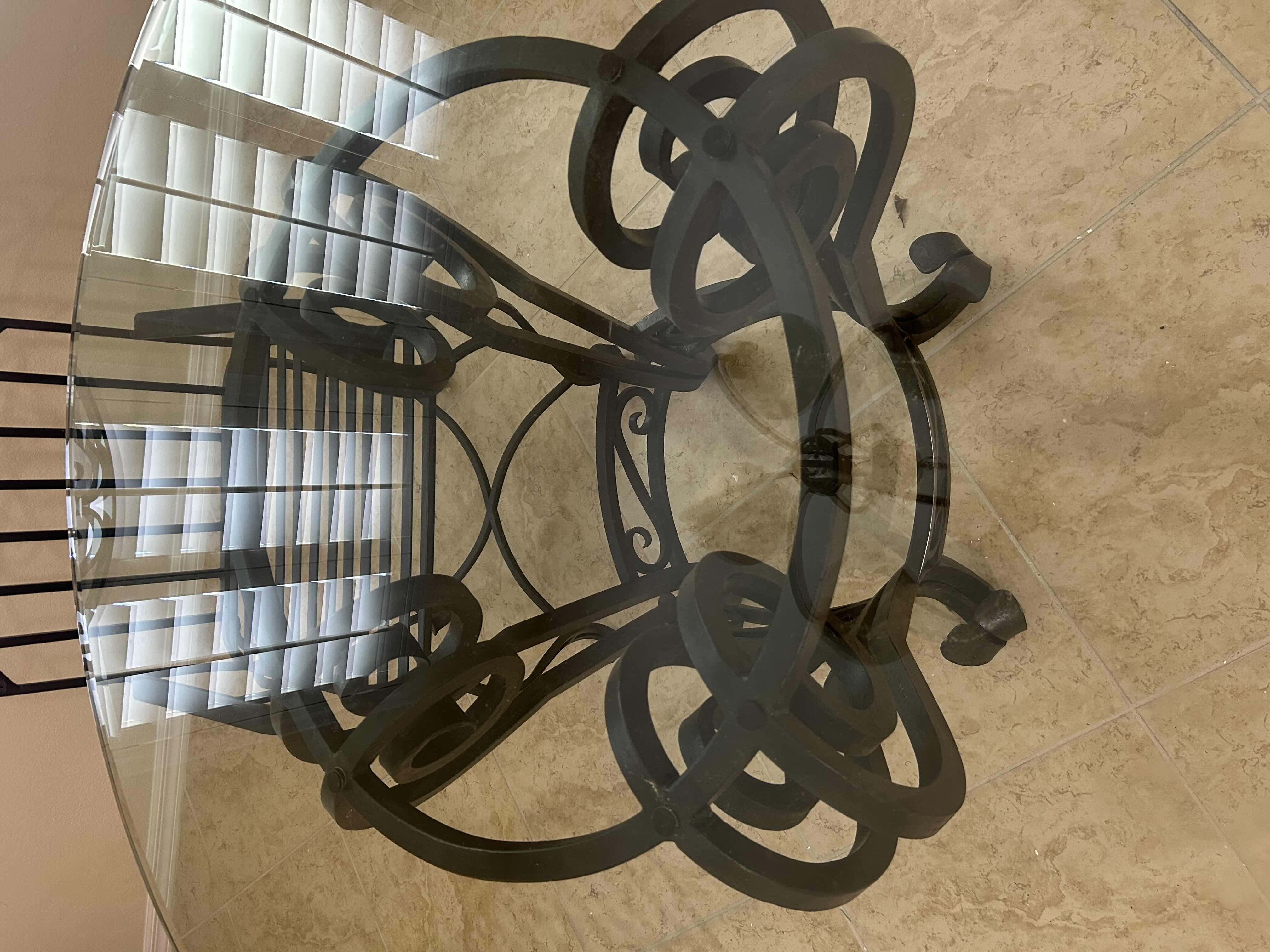 Photo 1 of REGENCY STYLE ROUND WROUGHT IRON BASE DINING TABLE W BEVELED GLASS TOP W 54" CHAIRS SOLD SEPARATELY