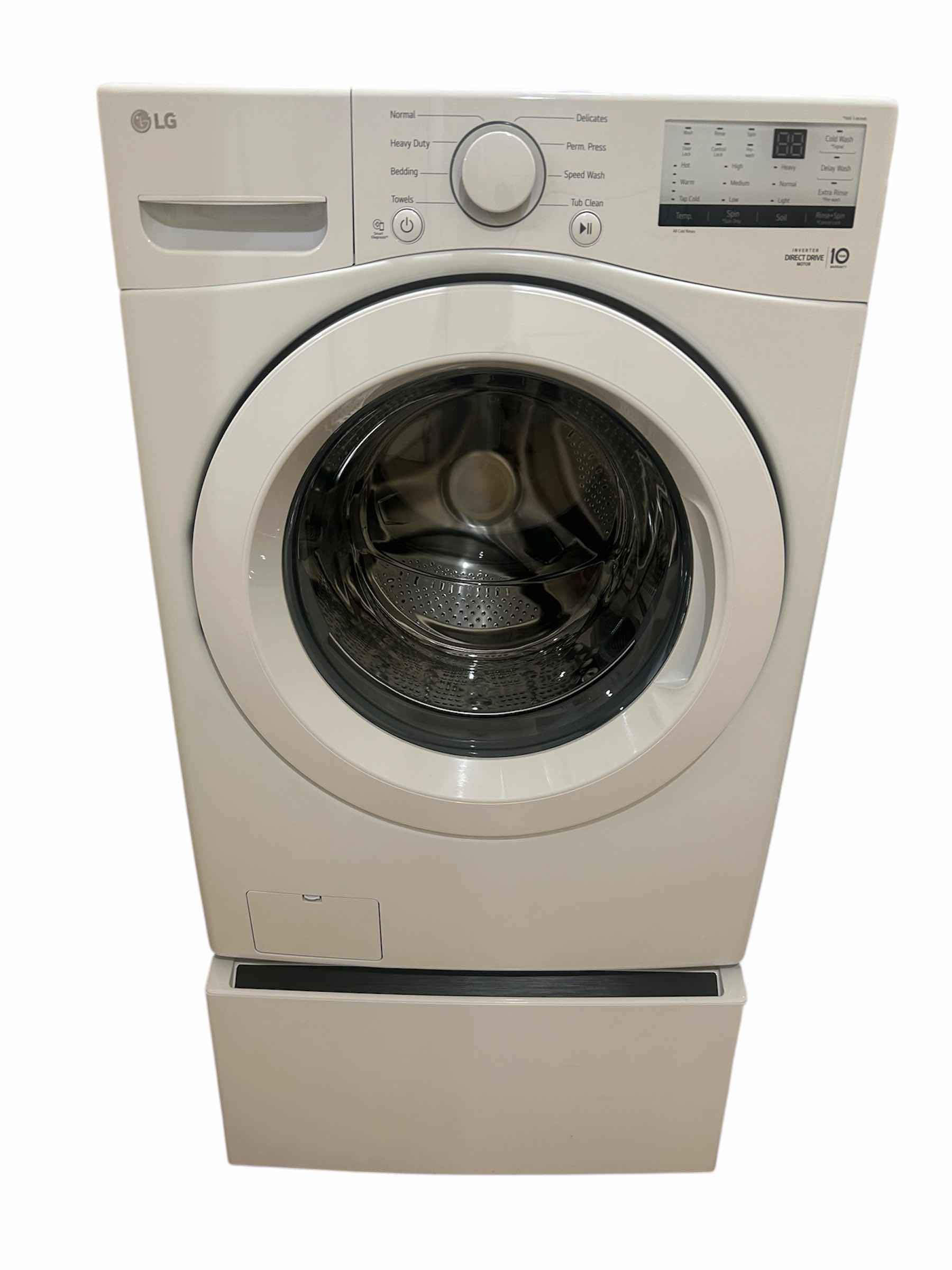 Photo 1 of LG 5.5 CU FT WHITE FRONT LOAD WASHER MODEL WM3400CW W PEDESTAL H 53" W 27"