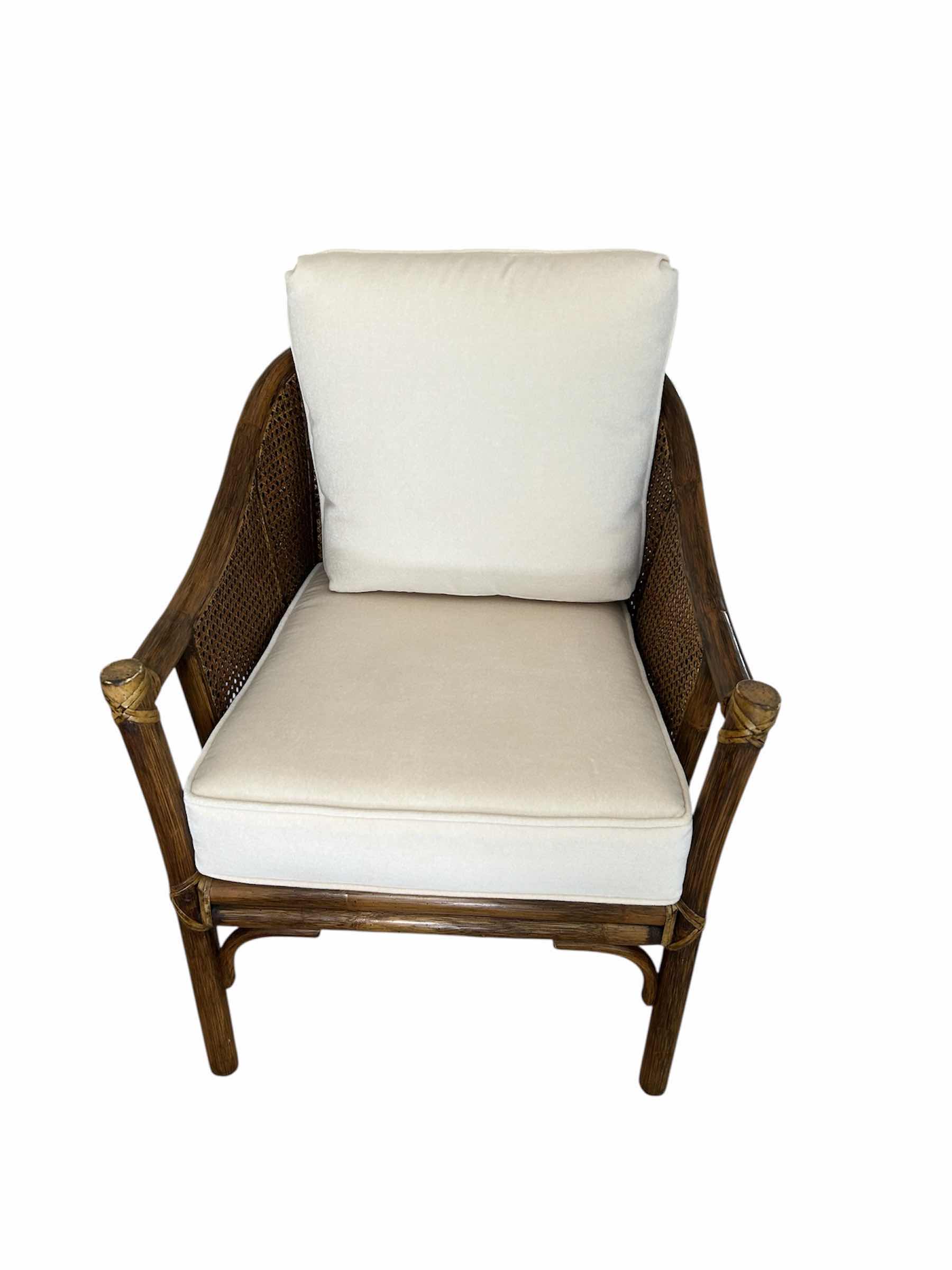 Photo 1 of VINTAGE MCGUIRE RATTAN LOUNGE ARM CHAIRS W SOFT FABRIC CUSHIONS