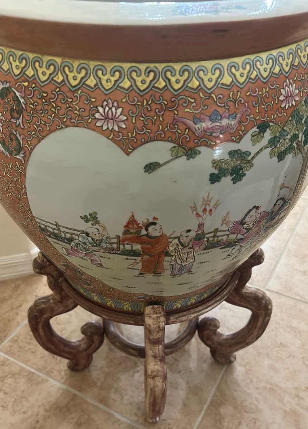 Photo 1 of DECORATIVE CHINESE FAMILLE ROSE PORCELAIN FISH BOWL ON RESIN PEDESTAL H 29"