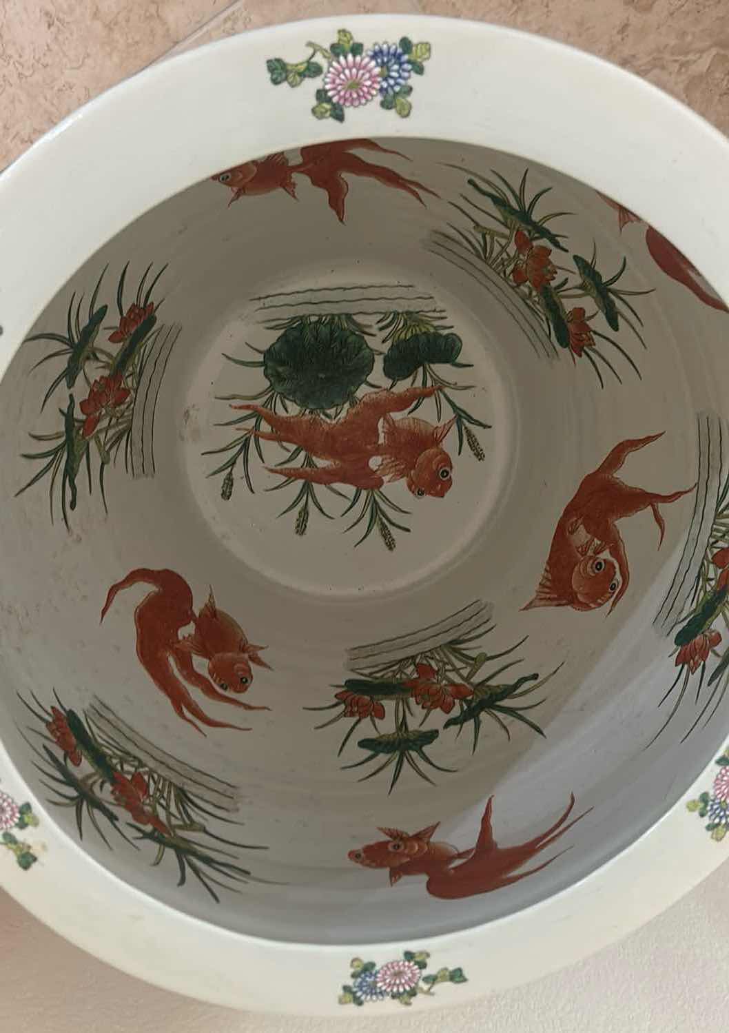 Photo 1 of DECORATIVE CHINESE FAMILLE ROSE PORCELAIN FISH BOWL ON RESIN PEDESTAL H 29"