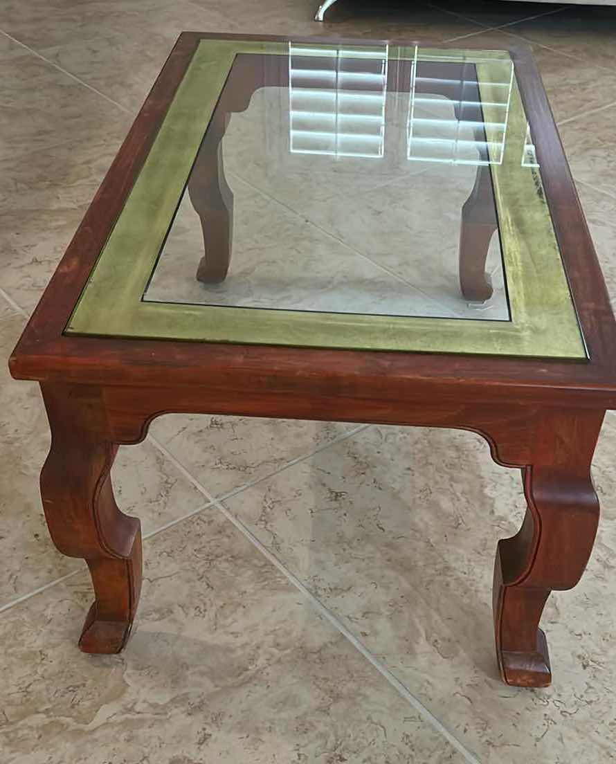 Photo 1 of ROSEWOOD MING STYLE SIDE TABLE BEVELED GLASS INSET W CURVED LEGS 29" X 17" H 15"