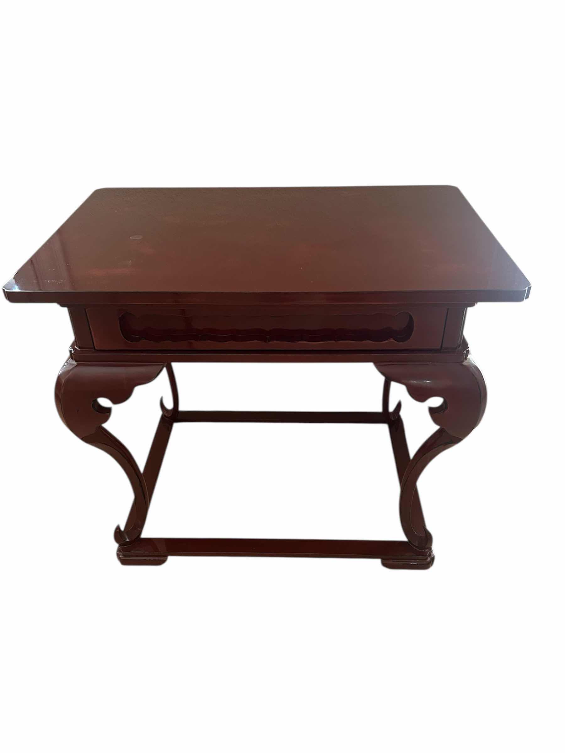 Photo 1 of RARE  JAPANESE RED LACQUER TABLE W ELEGANT CURVED LEGS 29" C 19" H 24"