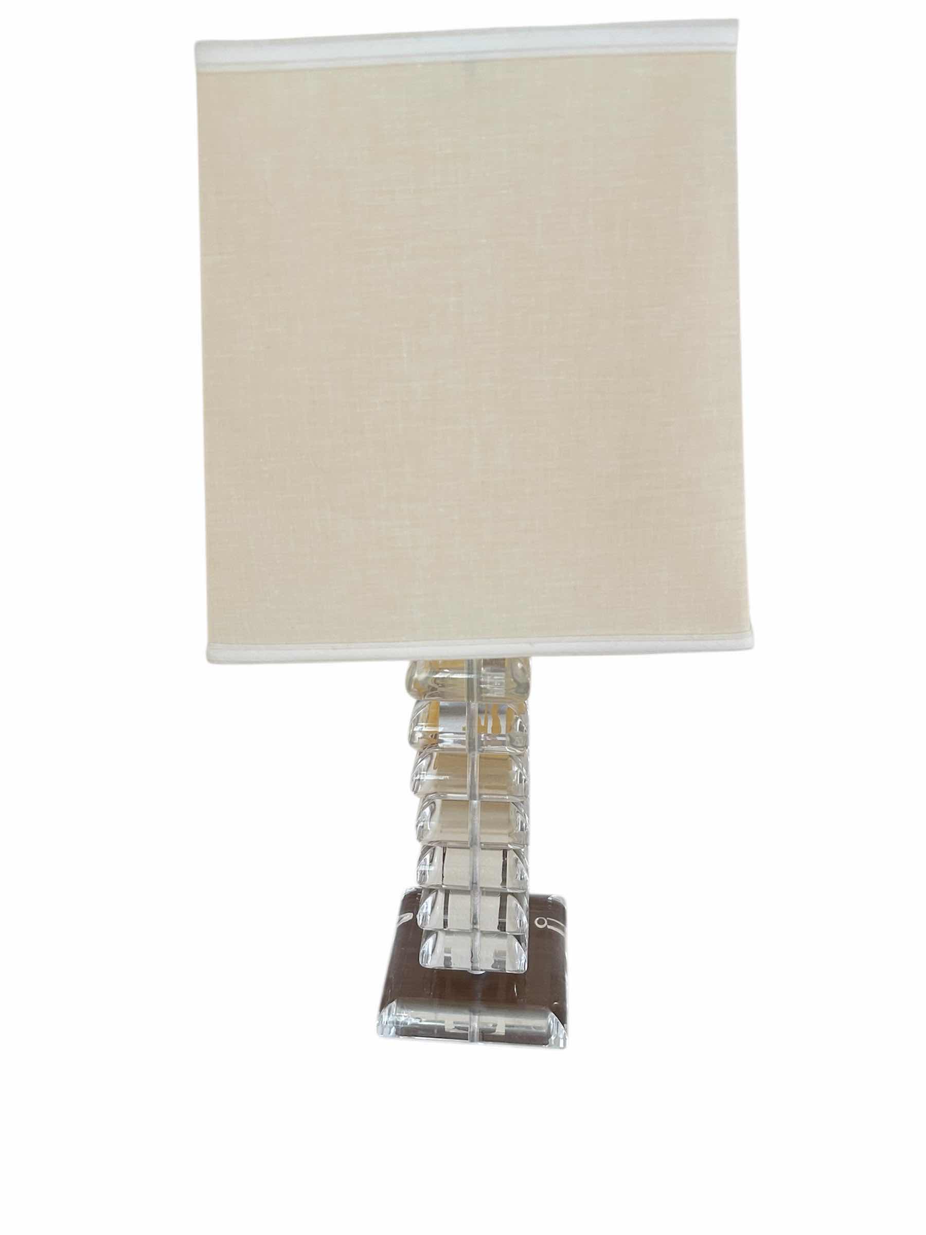 Photo 1 of CLEAR CRYSTAL STACKED BLOCK TABLE LAMP W SQUARE IVORY FABRIC SHADE H 33"
