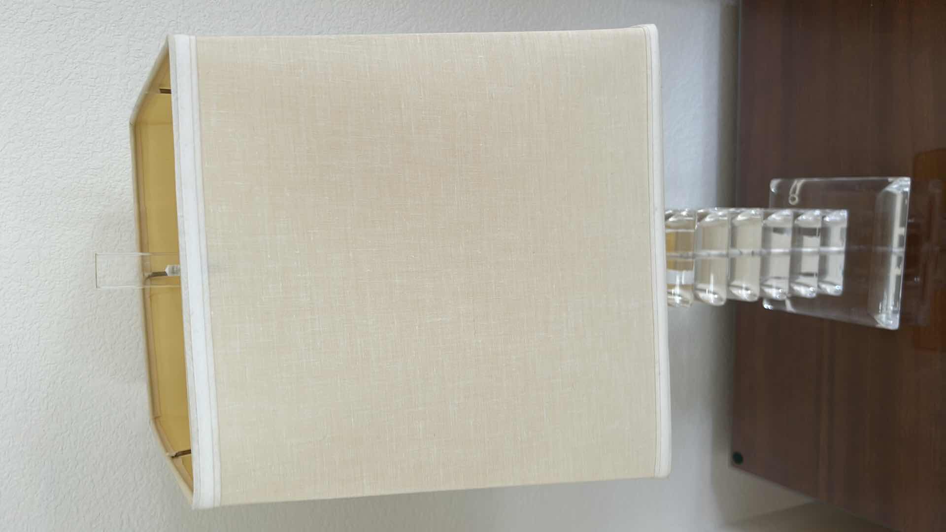 Photo 1 of CLEAR CRYSTAL STACKED BLOCK TABLE LAMP W SQUARE IVORY FABRIC SHADE H 33"