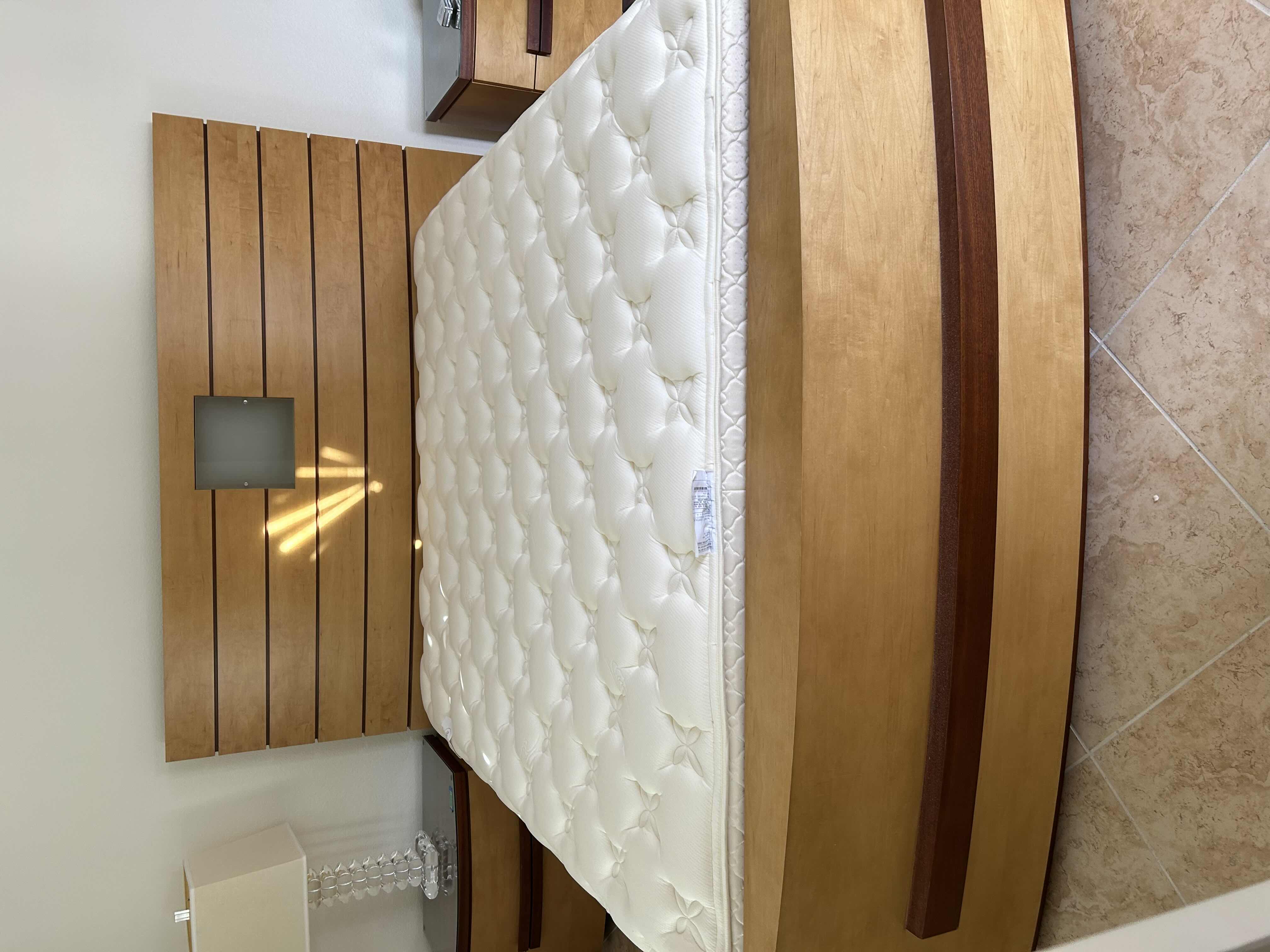 Photo 1 of CONTEMPORARY WOODEN PLATFORM KING BED CURVED FOOTBOARD AND MATCHING HEADBOARD W HORIZONTAL SLATS FROSTED GLASS ACCENT