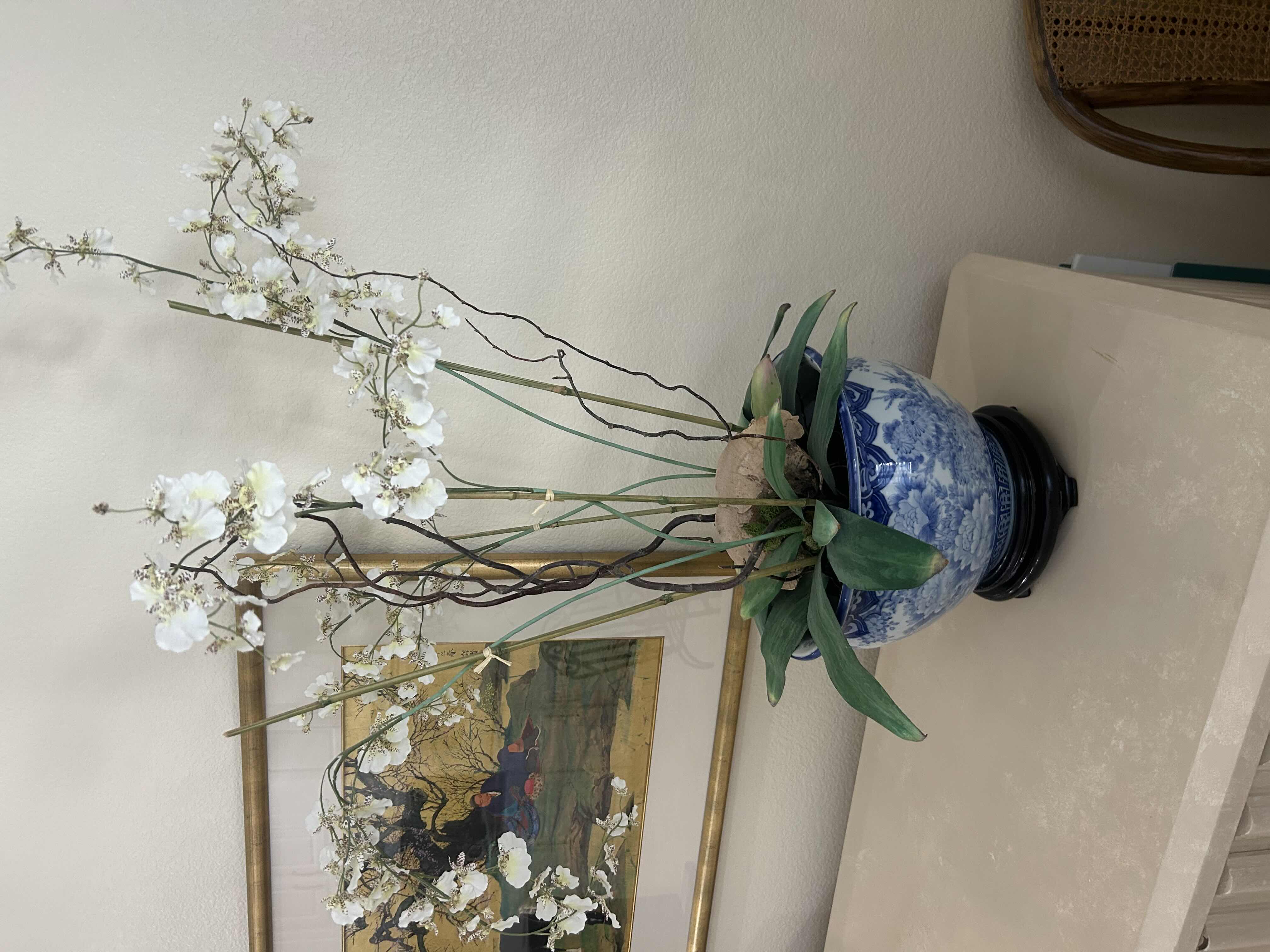 Photo 1 of ARTIFICIAL PHALAENOPSIS ORCHID STYLED IN A BLUE AND WHITE CERAMIC PLANTER H