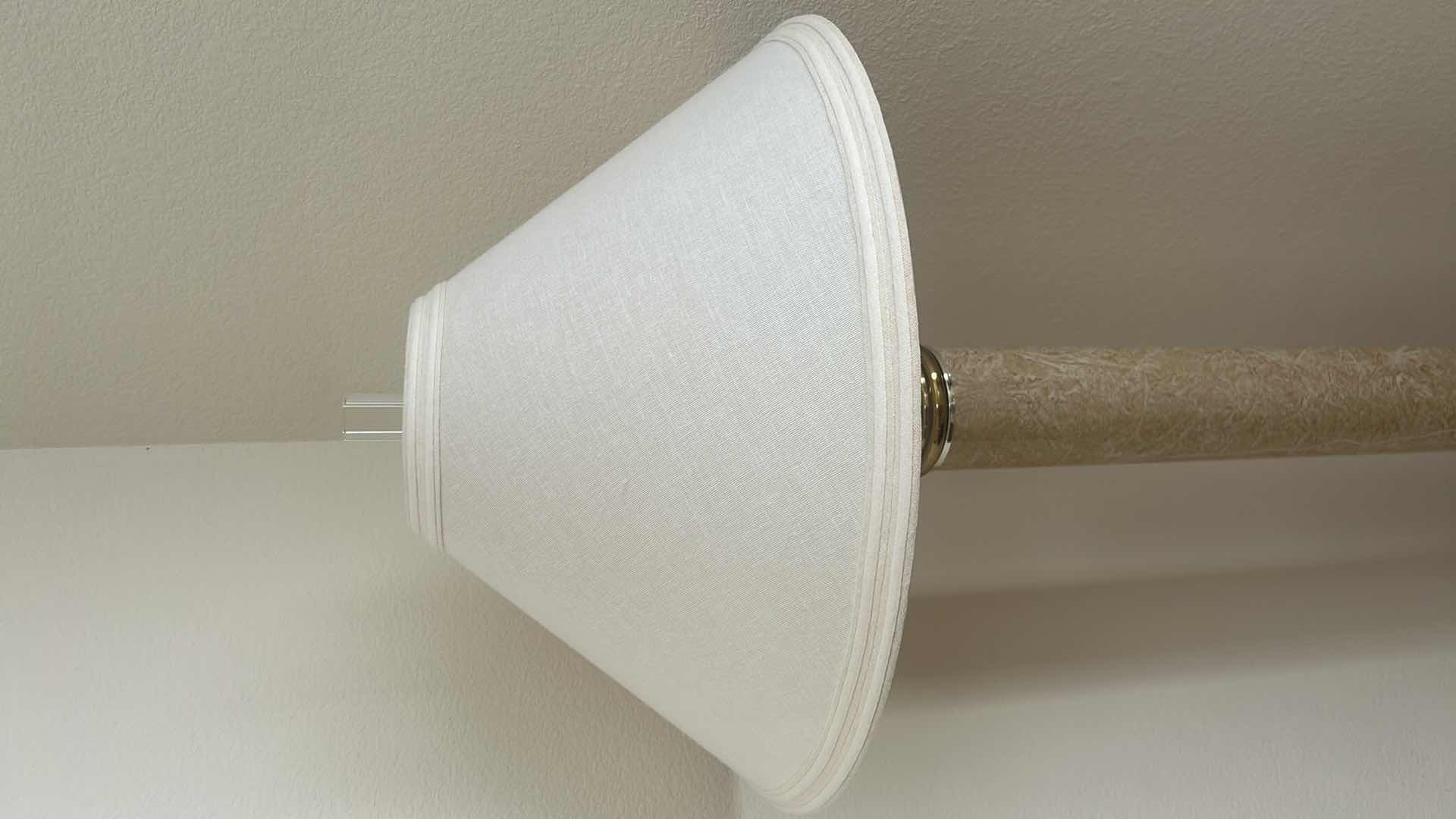 Photo 1 of BRASS FAUX MARBLE FLOOR LAMP W OFF WHITE FABRIC SHADE H 64"