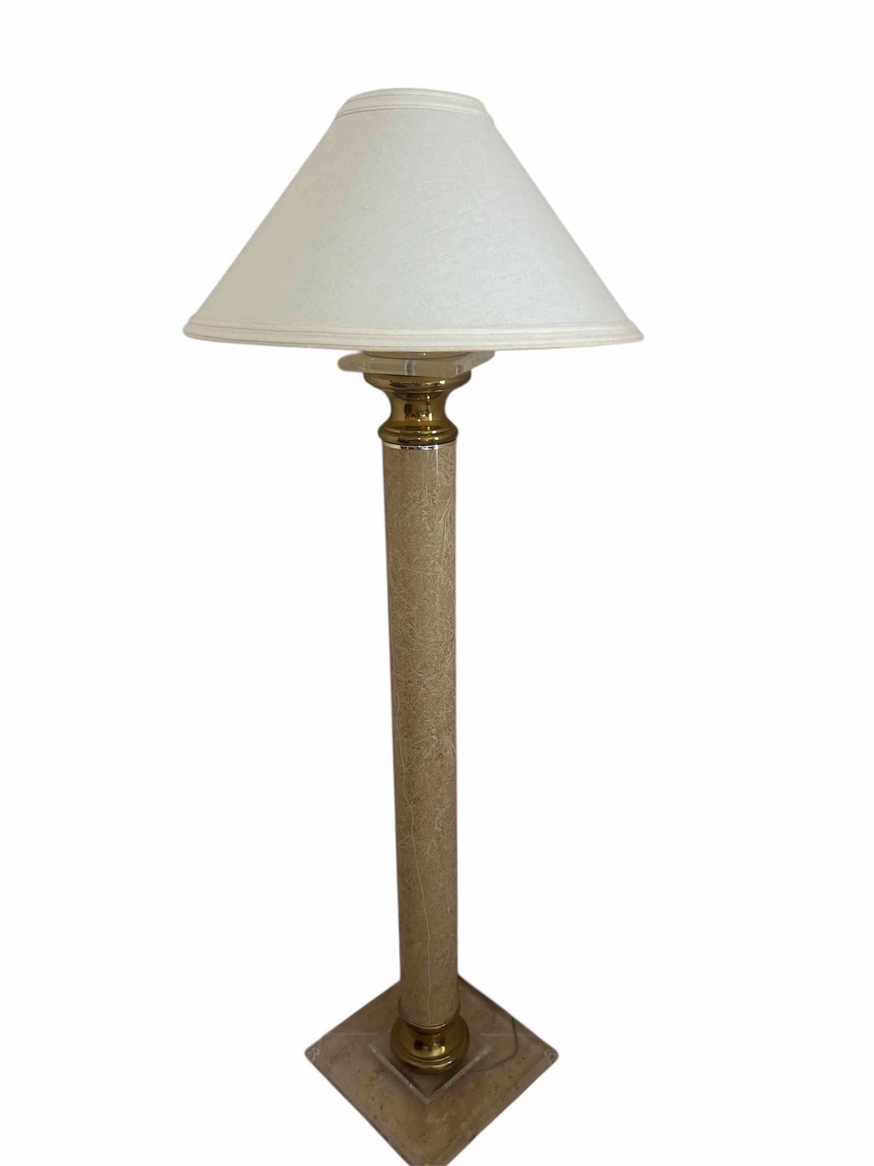 Photo 1 of BRASS FAUX MARBLE FLOOR LAMP W OFF WHITE FABRIC SHADE H 64"
