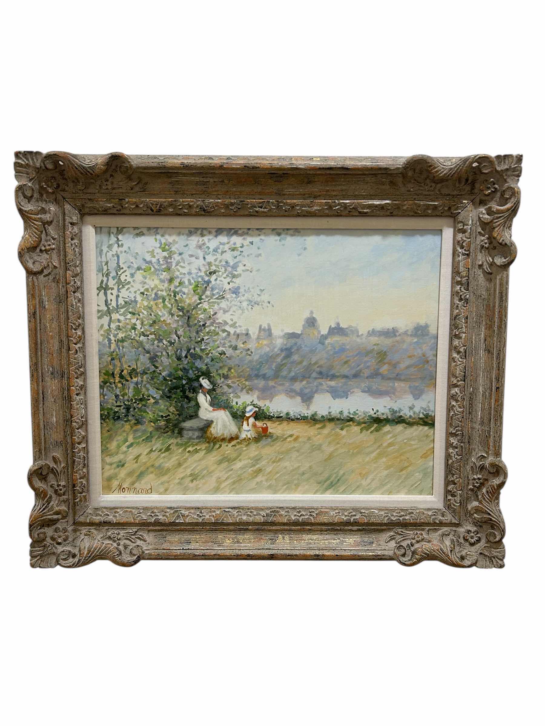 Photo 1 of ORNATE FRAMED IMPRESSIONIST FIGURAL LANDSCAPE BY MAURICE MONNARD SIGNED 26" X 22"