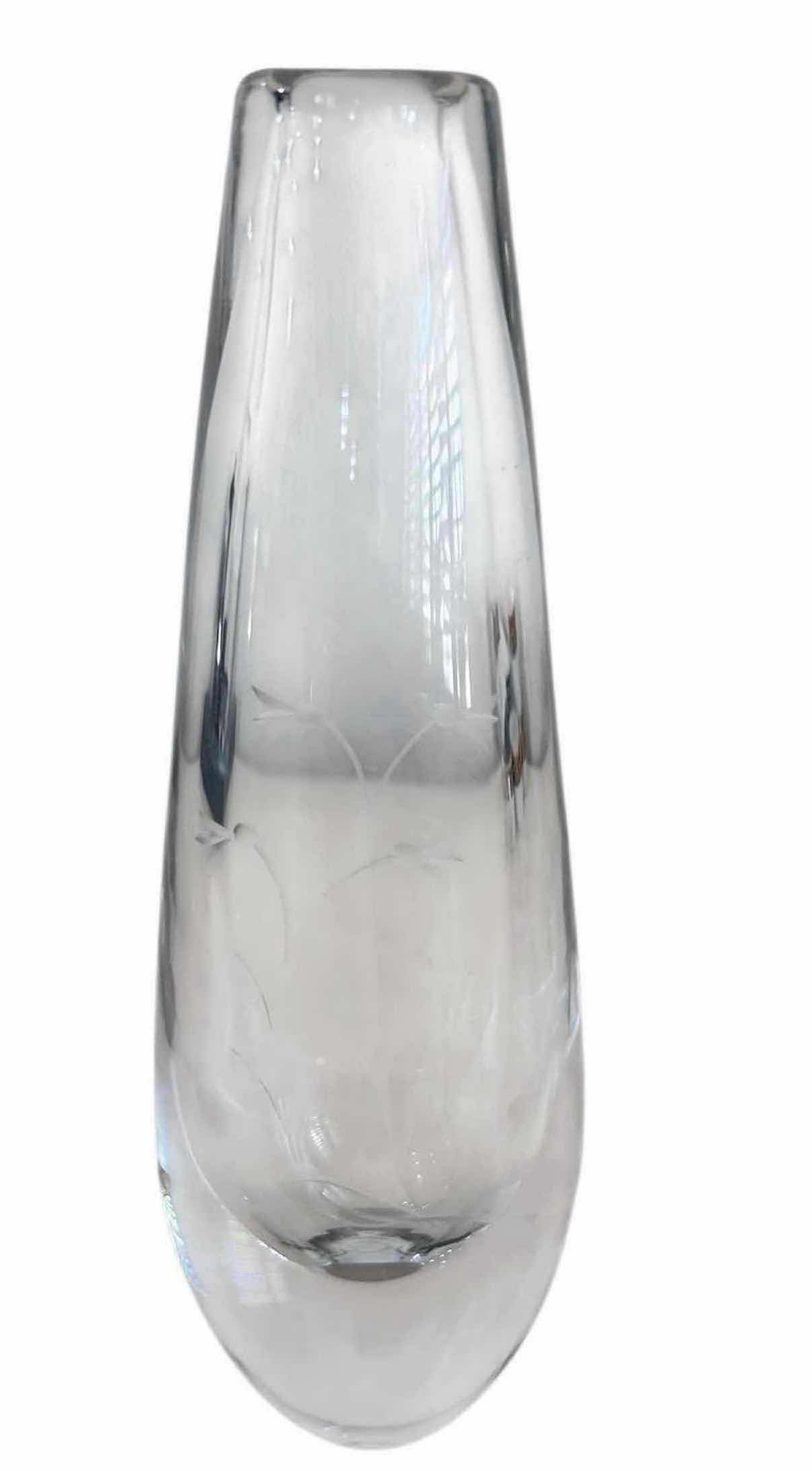 Photo 1 of KOSTA BODA BLOWN GLASS VASE W FLORAL ETCHING H 10"