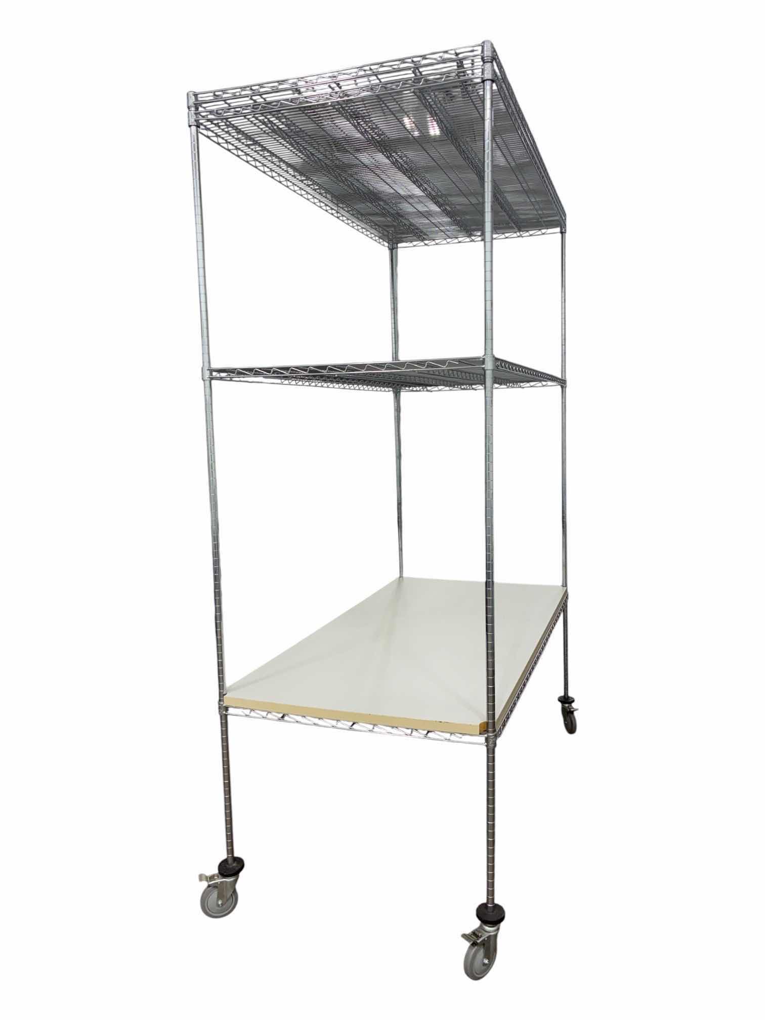 Photo 1 of NEXEL STAINLESS STEEL ROLLING METRO RACK W WHITE WOOD SHELF 72” X 24” H102”