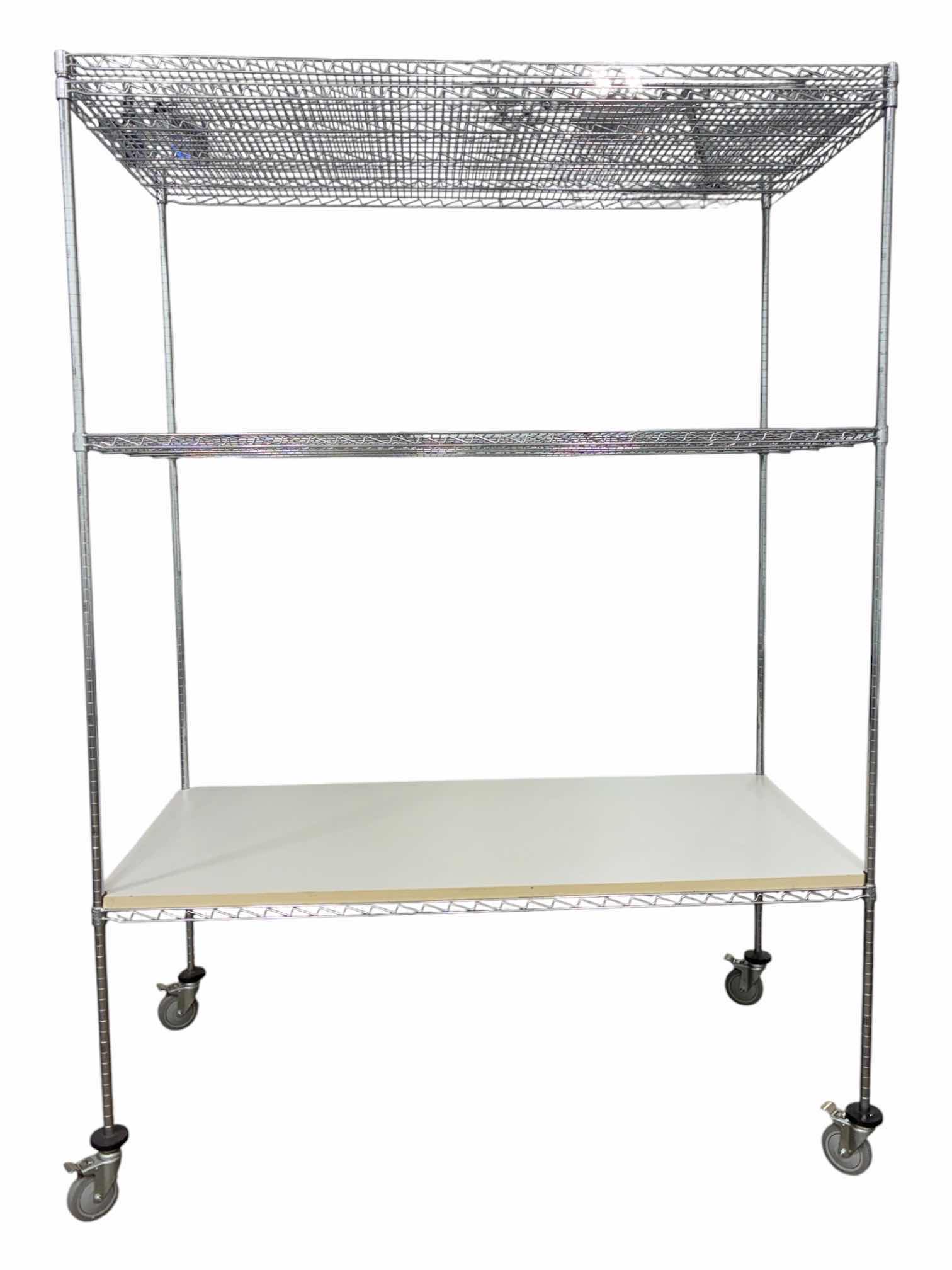 Photo 1 of NEXEL STAINLESS STEEL ROLLING METRO RACK W WHITE WOOD SHELF 72” X 24” H102”