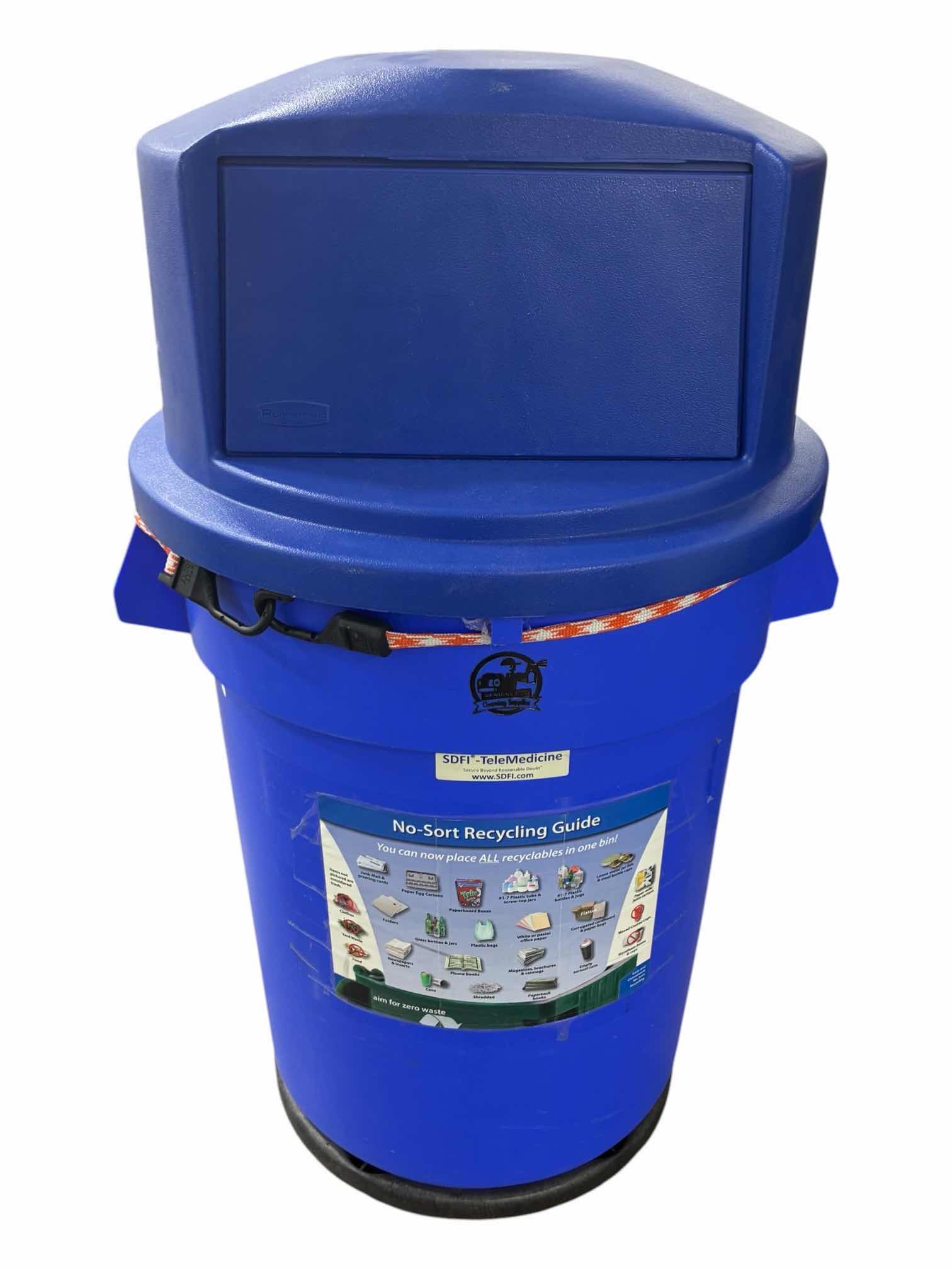 Photo 1 of RUBBERMAID 32GAL BLUE ROLLING RECYCLE BIN W LID