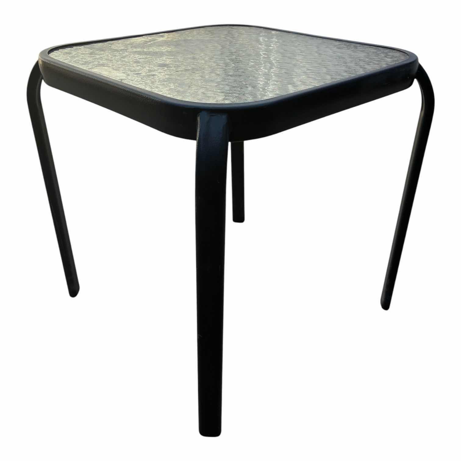 Photo 1 of BEVELED GLASS TOP BLACK METAL FRAME PATIO SIDE TABLE 16” X 16” H17”