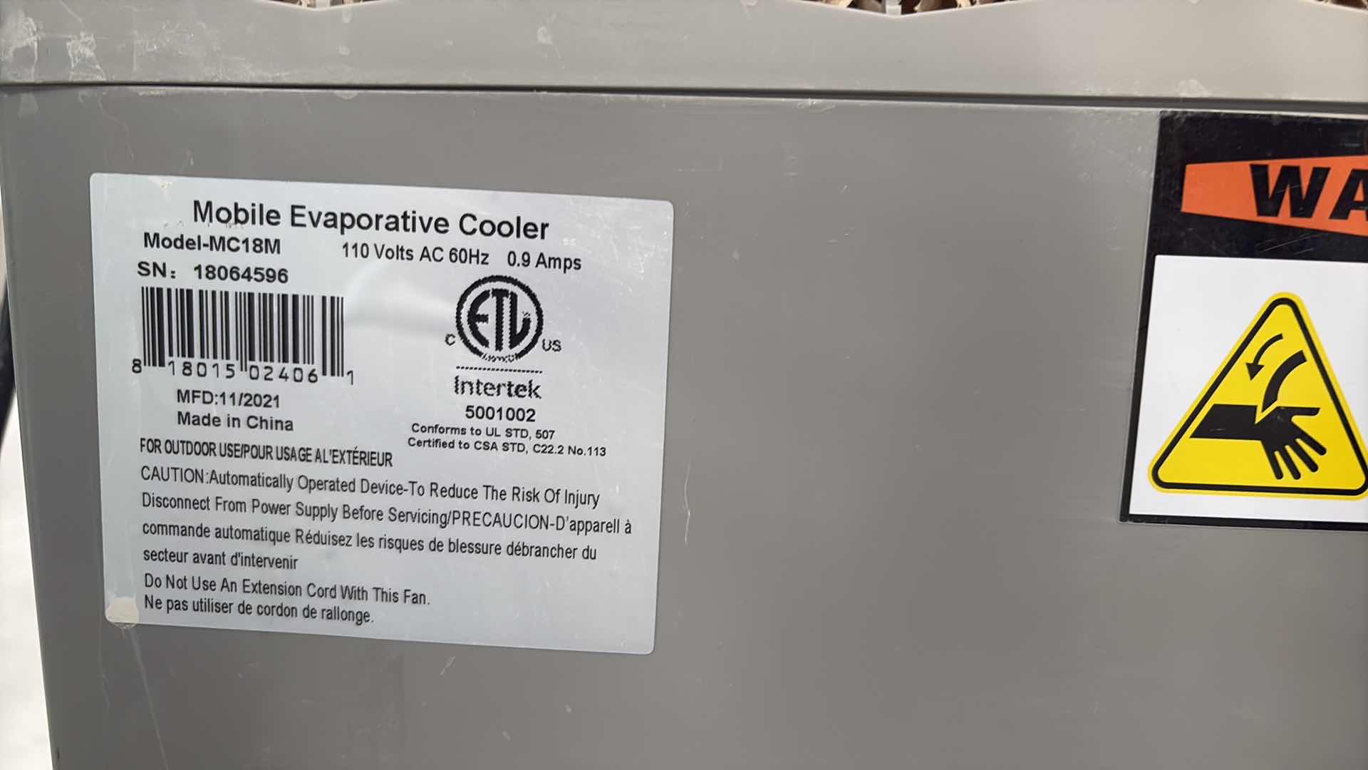 Photo 1 of HESSAIRE COOLING SOLUTIONS PORTABLE COOLER MODEL-MC18M 19.5”X10XH28”