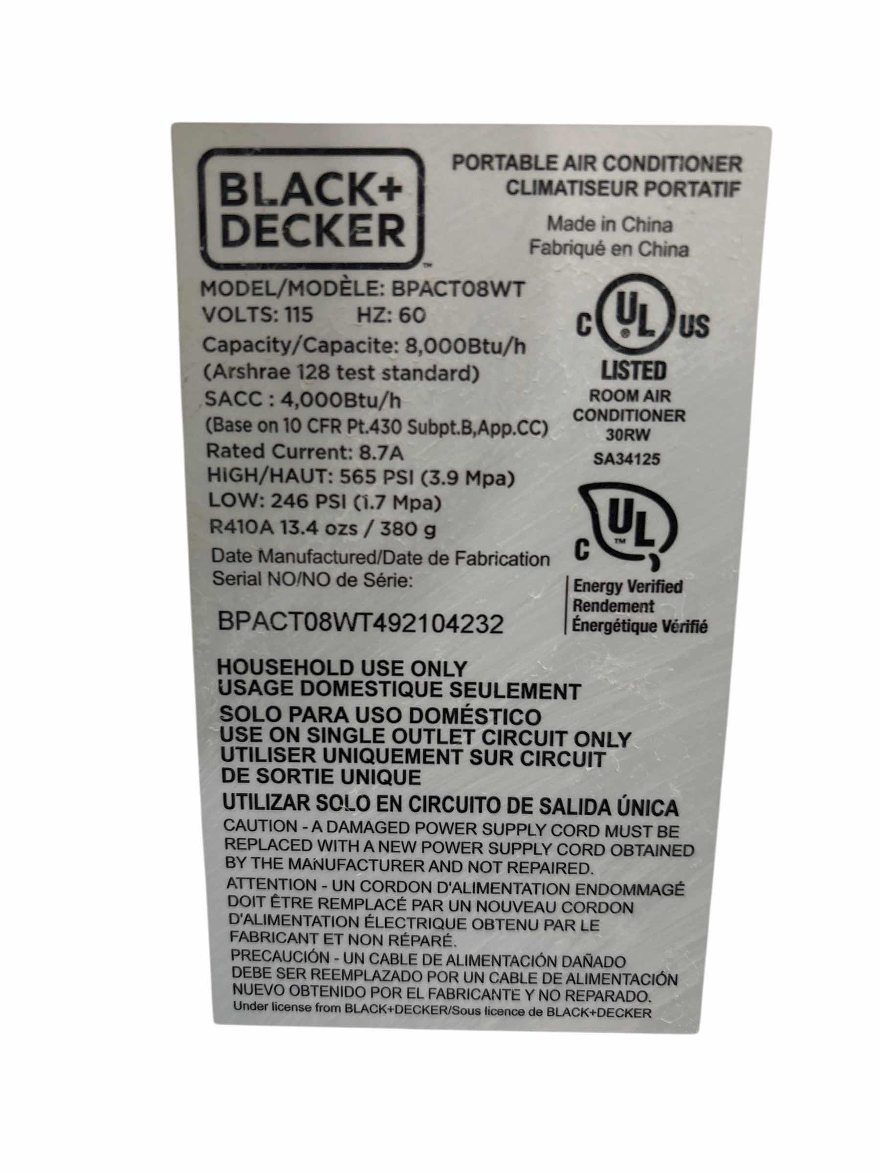 Photo 1 of BLACK + DECKER PORTABLE AIR CONDITIONER MODEL BPACT08WT RETAIL 15”X10”H28” RETAIL $520