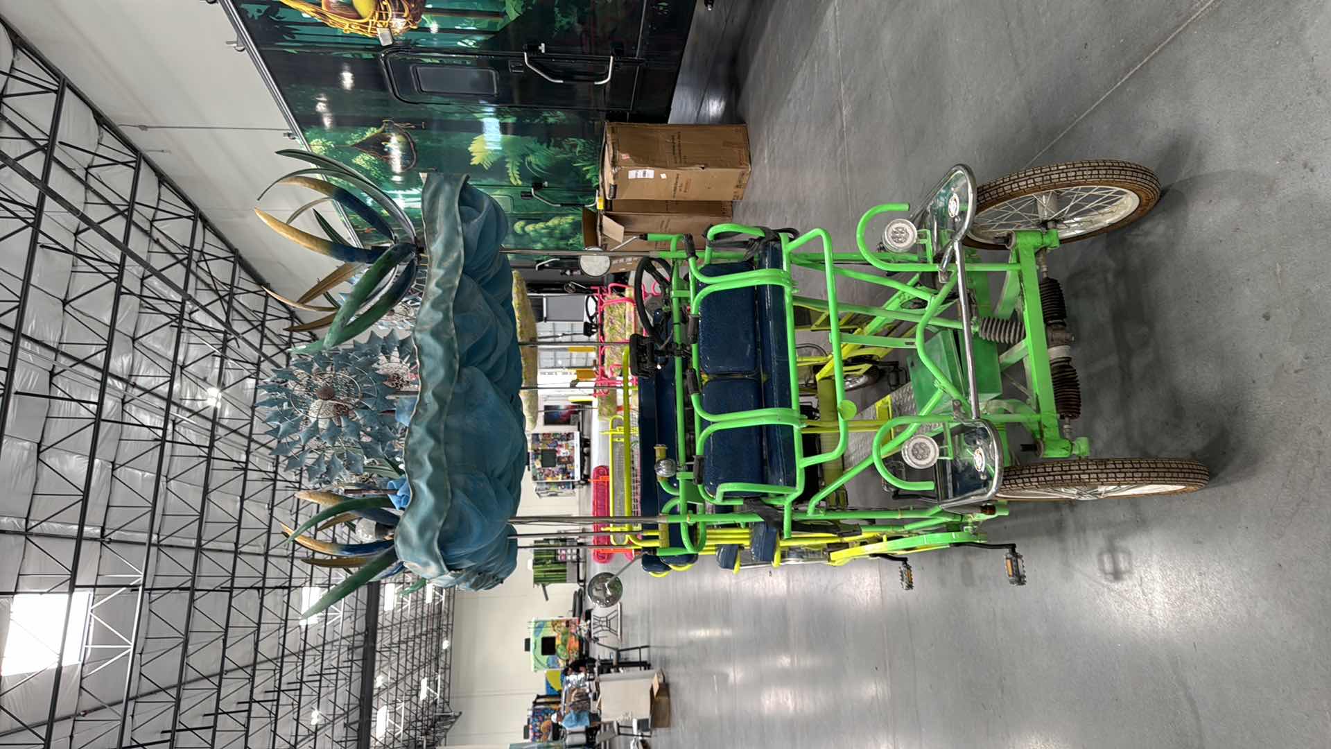 Photo 1 of CUSTOM WHIMSICAL SURREY LIMOUSINE DELUXE 7 SPEED 4 WHEEL 4 PEDALERS DUAL SIDES PEDAL W 3RD WHEEL BATTERY POWERED BIKE-BRIGHT GREEN/YELLOW W BLUE WINDMILL SPIN TOPS-BY THE SURREY COMPANY