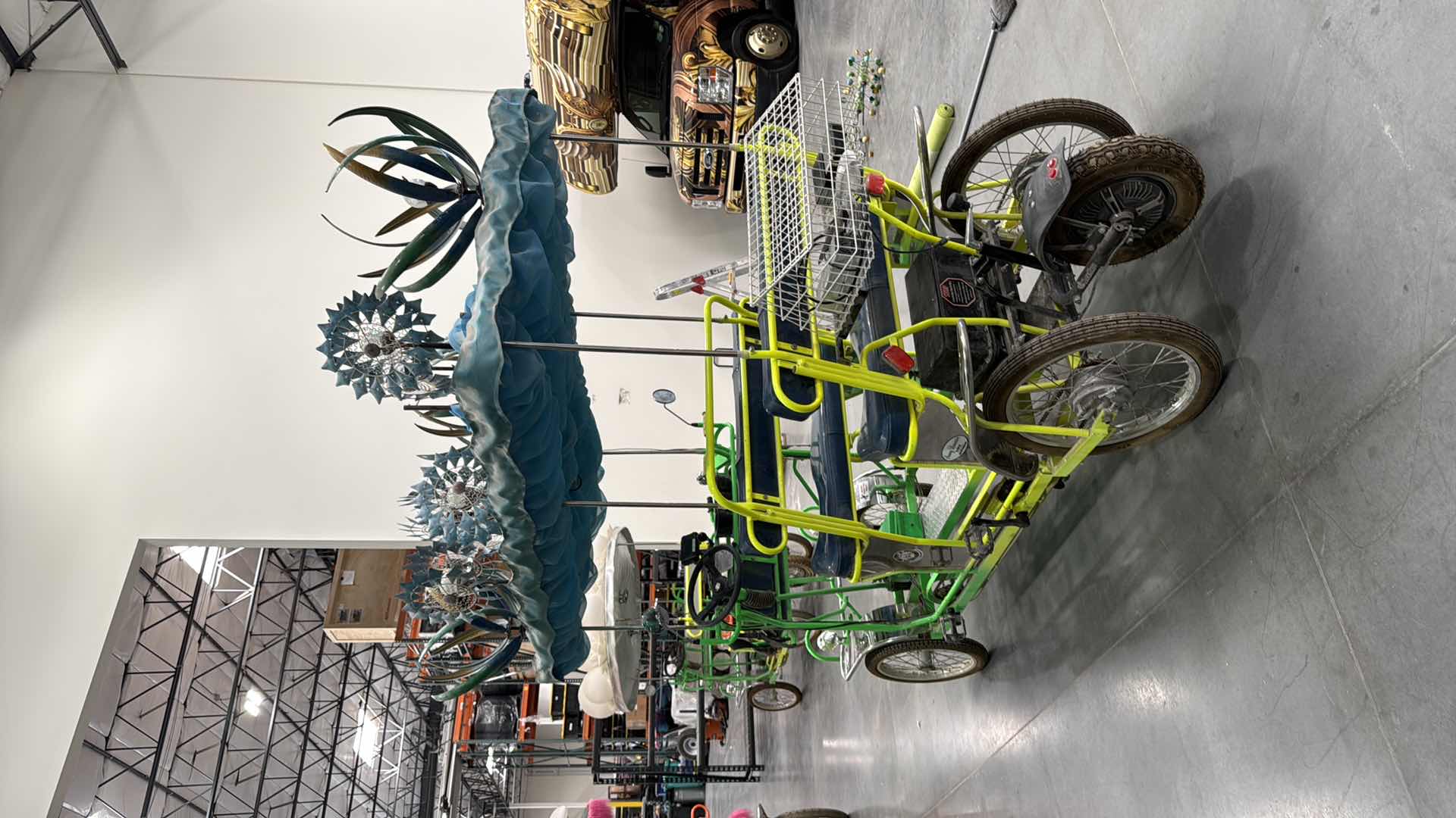 Photo 1 of CUSTOM WHIMSICAL SURREY LIMOUSINE DELUXE 7 SPEED 4 WHEEL 4 PEDALERS DUAL SIDES PEDAL W 3RD WHEEL BATTERY POWERED BIKE-BRIGHT GREEN/YELLOW W BLUE WINDMILL SPIN TOPS-BY THE SURREY COMPANY