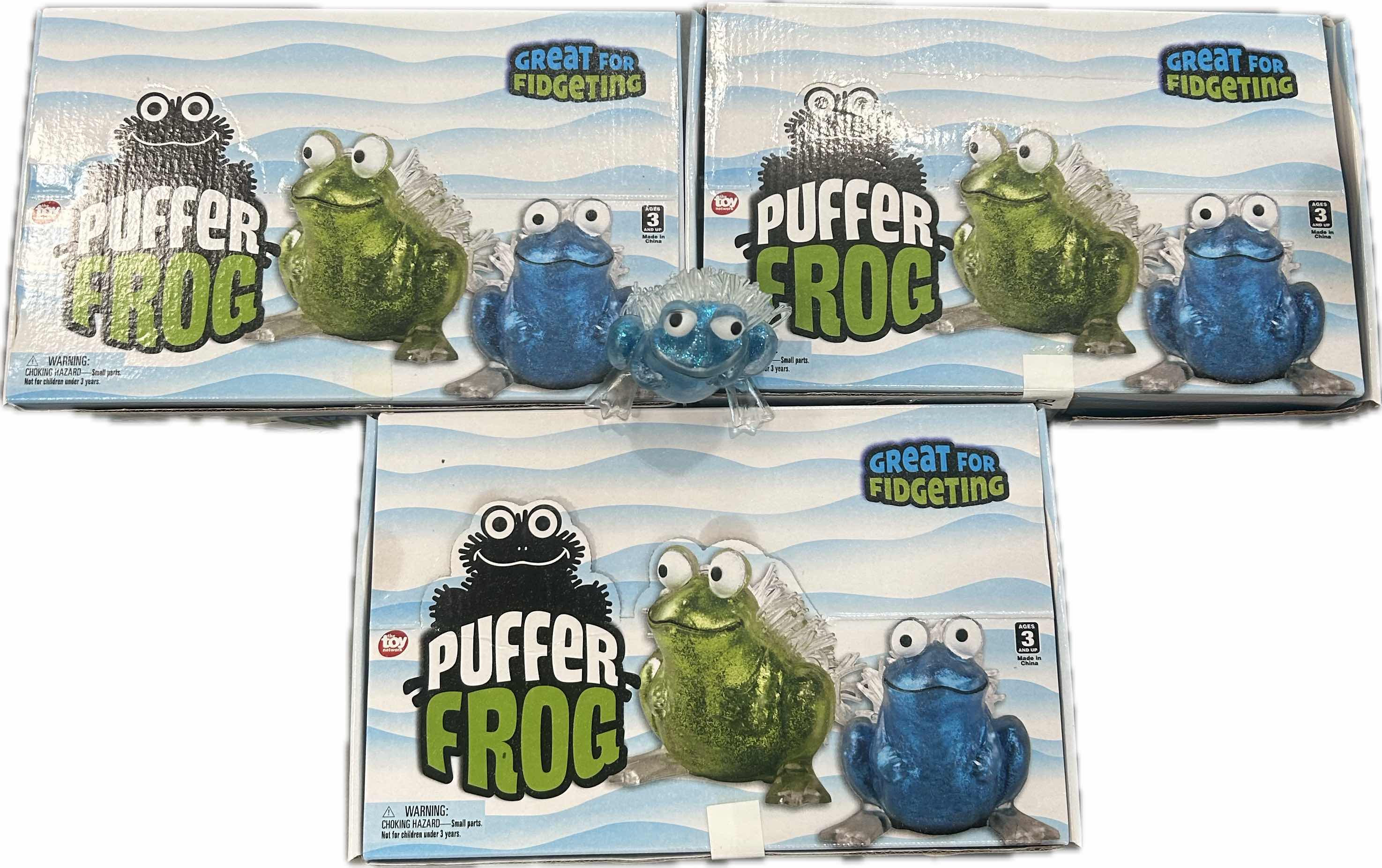 Photo 1 of 3" METALLIC PUFFER FROGS SENSORY FIDGET TOYS BLUE PINK GREEN 3 BOXES