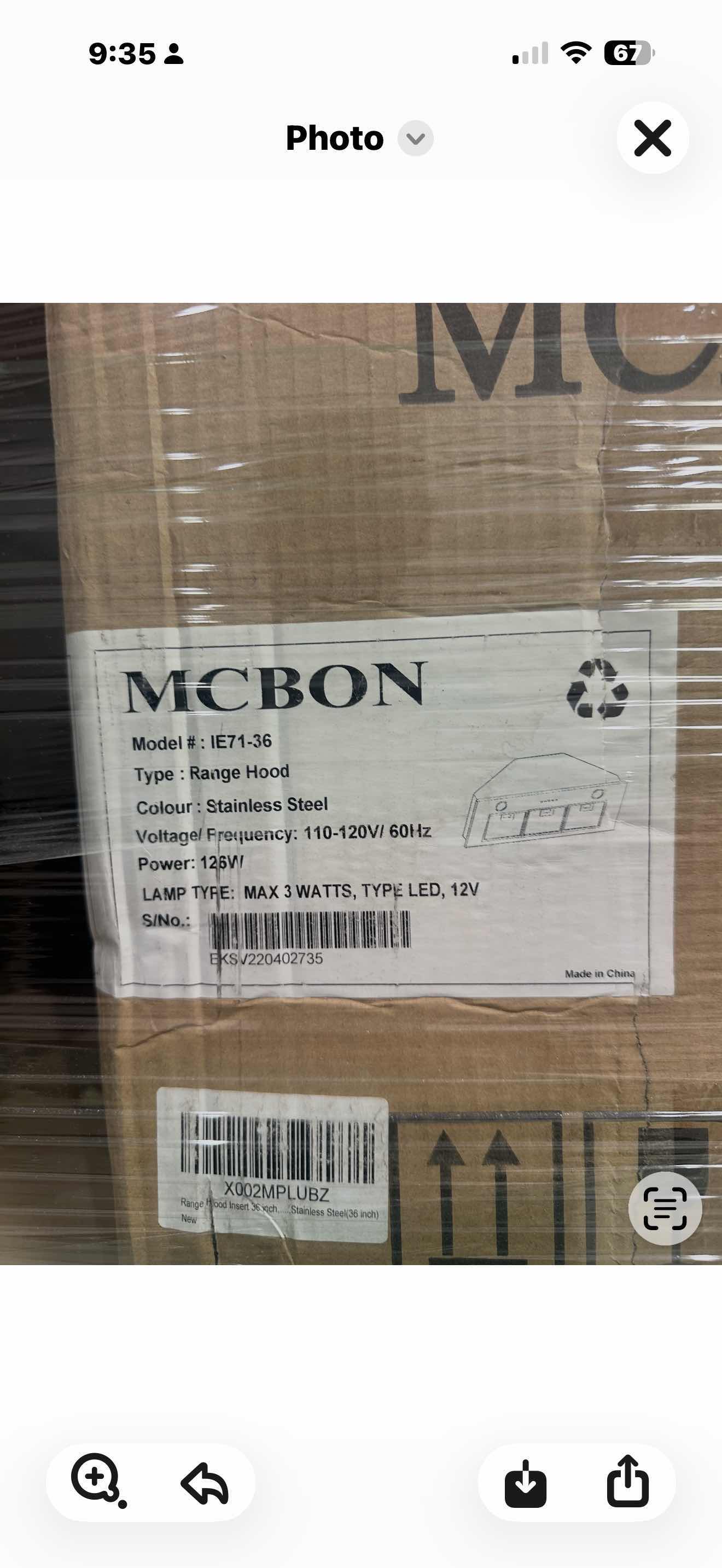 Photo 1 of PALLET OF 18- NIB MCBON 36” STAINLESS STEEL BUILT-IN RANGE HOOD IE71-36