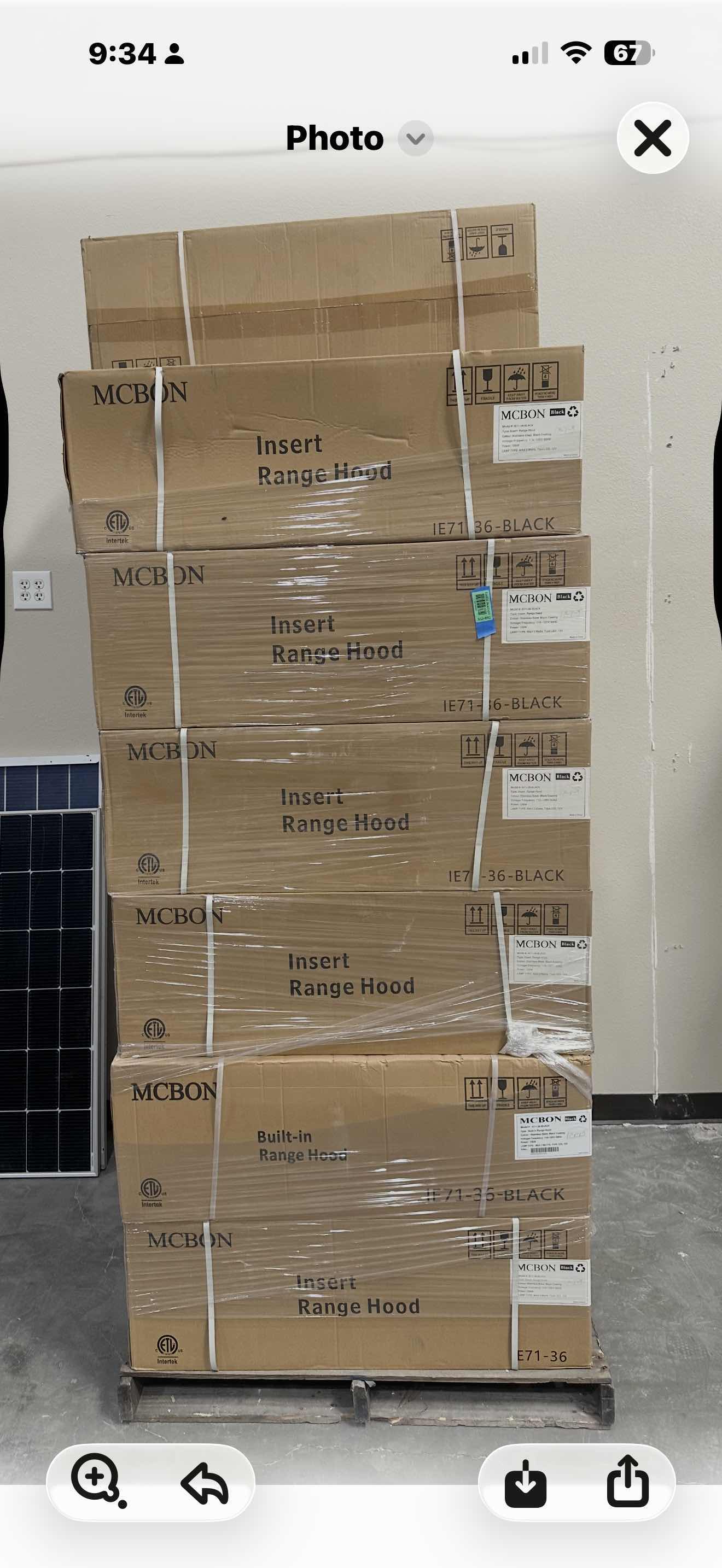 Photo 1 of PALLET OF 18- NIB MCBON 36” STAINLESS STEEL BUILT-IN RANGE HOOD IE71-36