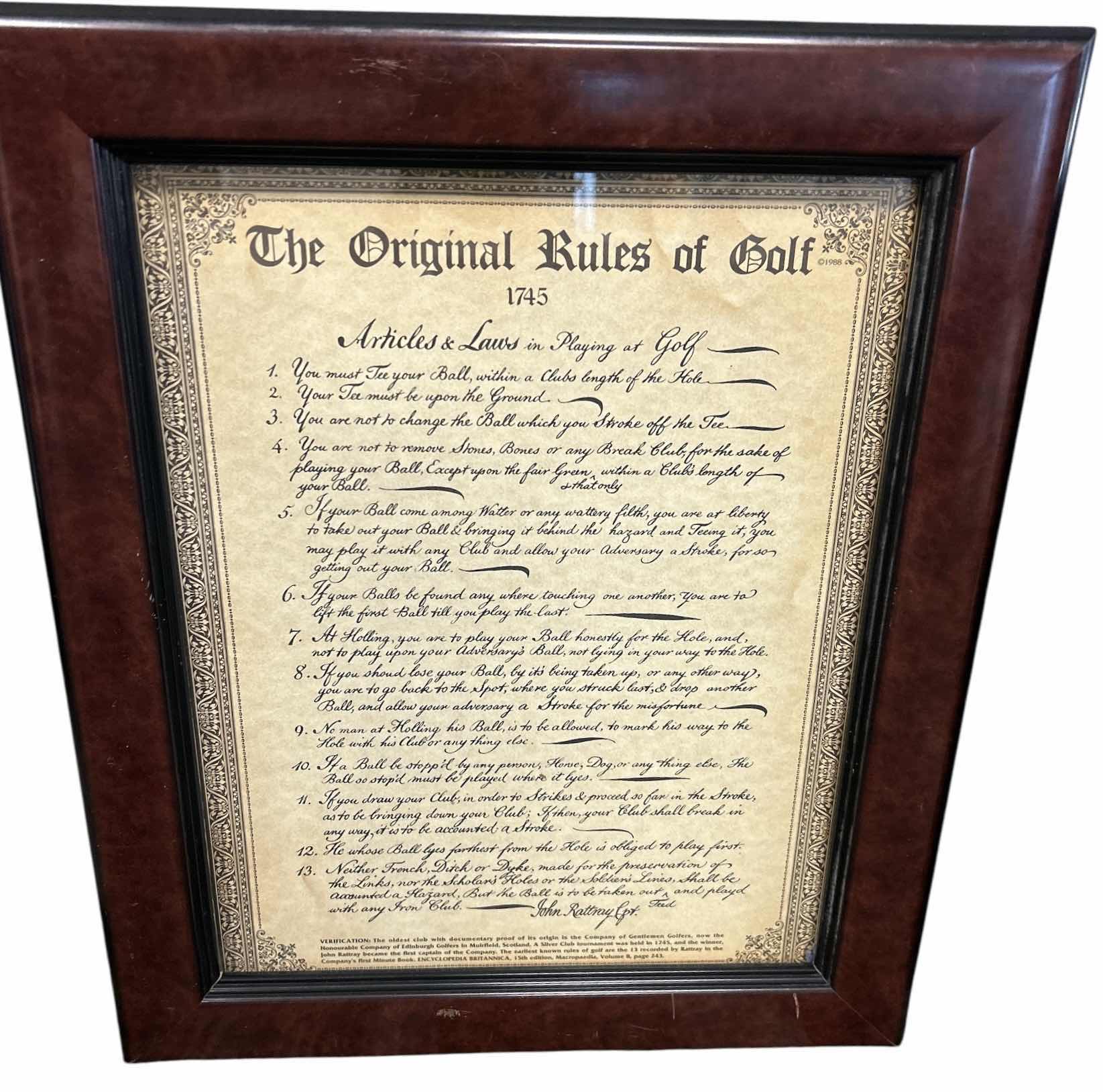 Photo 1 of FRAMED “THE ORIGINAL RULES OF GOLF” ARTWORK 14 1/4” x H17 1/2”