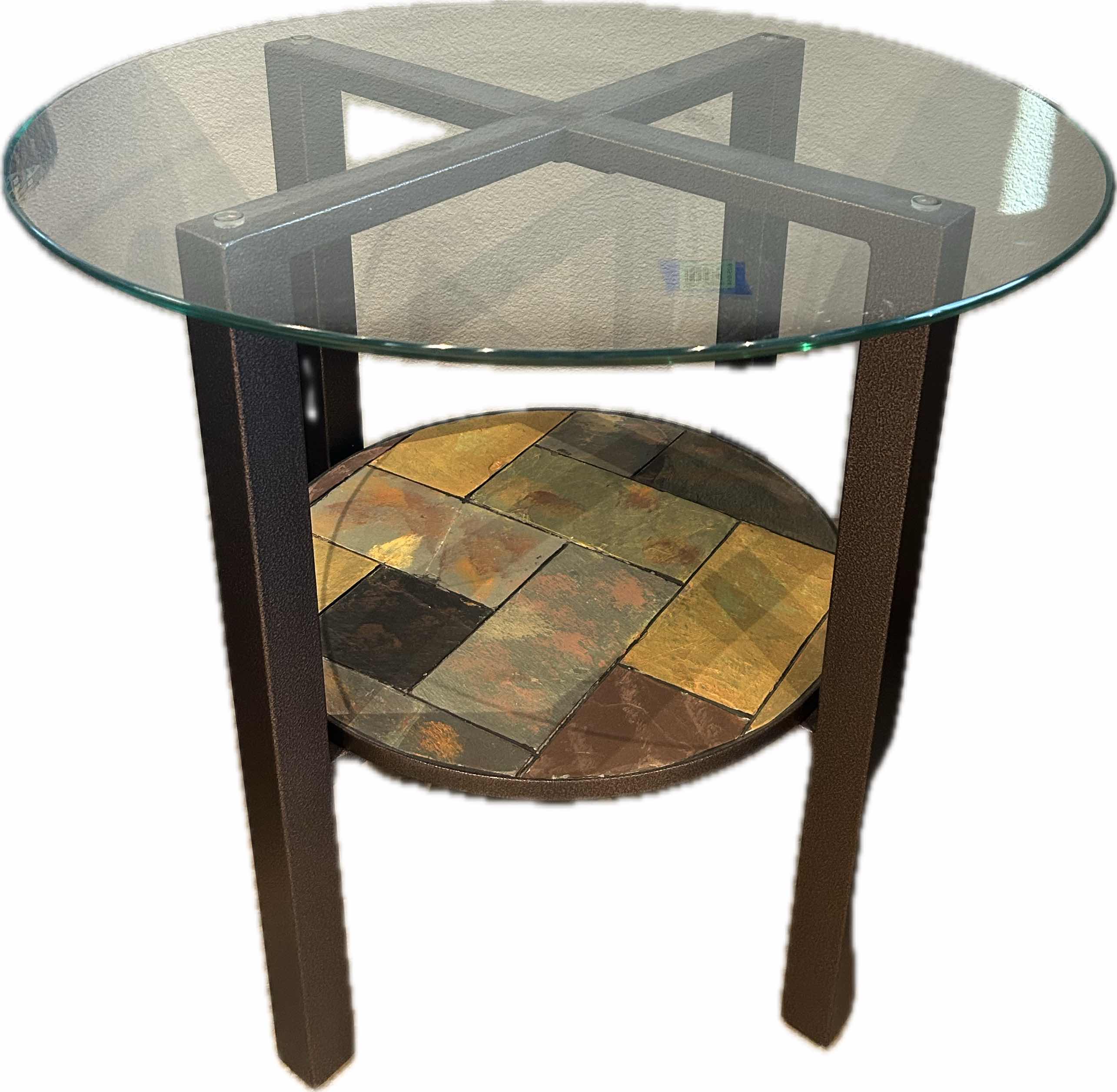 Photo 1 of 26" ROUND METAL SIDE TABLE W GLASS TOP AND MOSAIC-TILE LOWER SHELF  H 26"