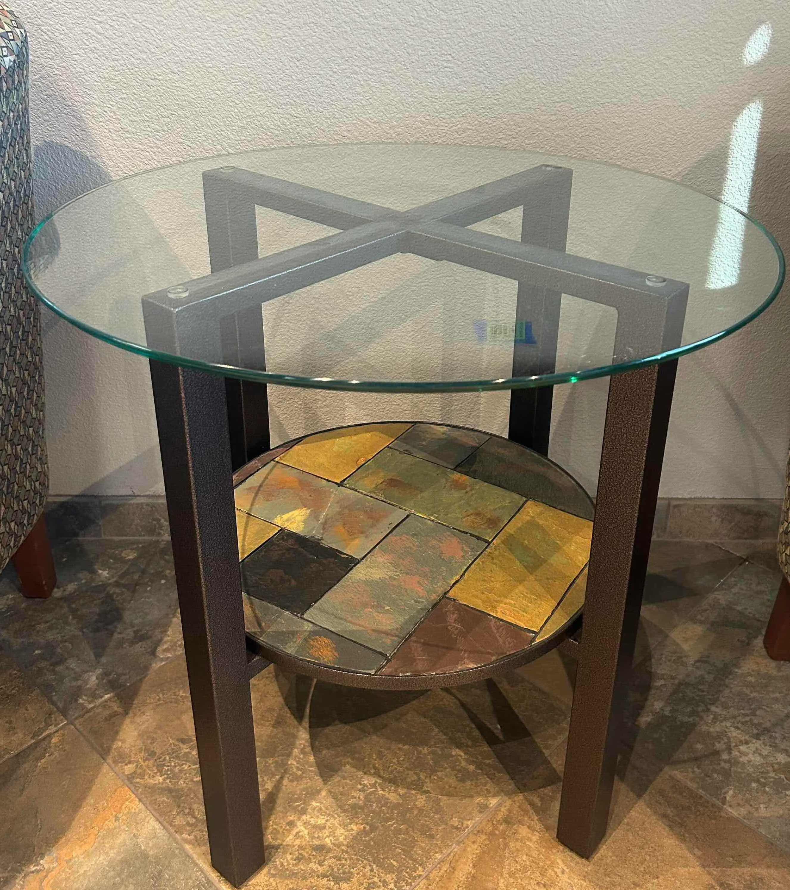 Photo 1 of 26" ROUND METAL SIDE TABLE W GLASS TOP AND MOSAIC-TILE LOWER SHELF  H 26"