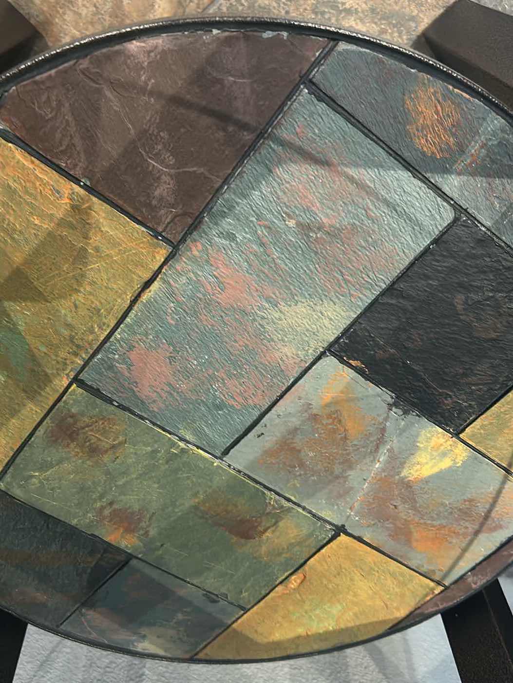 Photo 1 of 26" ROUND METAL SIDE TABLE W GLASS TOP AND MOSAIC-TILE LOWER SHELF  H 26"