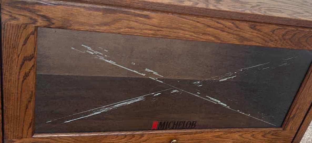 Photo 1 of DARK OAK BARRISTER CABINET W MICHELOB GLASS INSERT-READ NOTES 34”X12” H19"