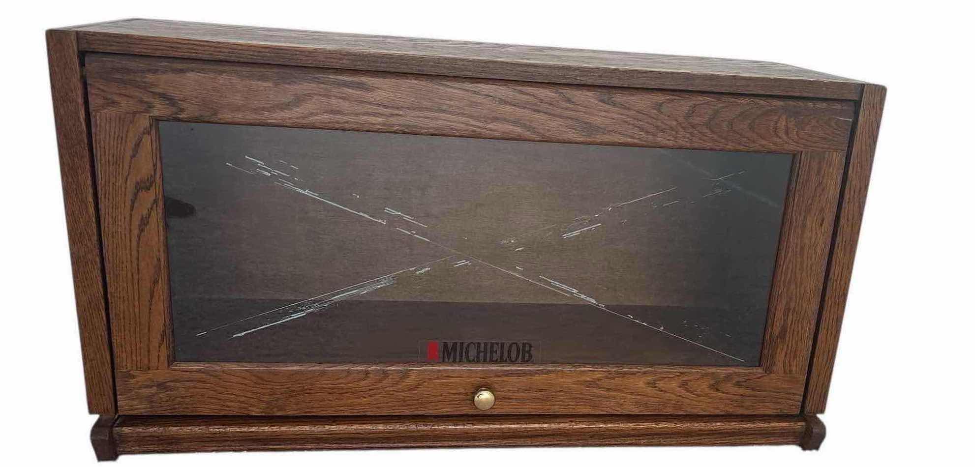 Photo 1 of DARK OAK BARRISTER CABINET W MICHELOB GLASS INSERT-READ NOTES 34”X12” H19"