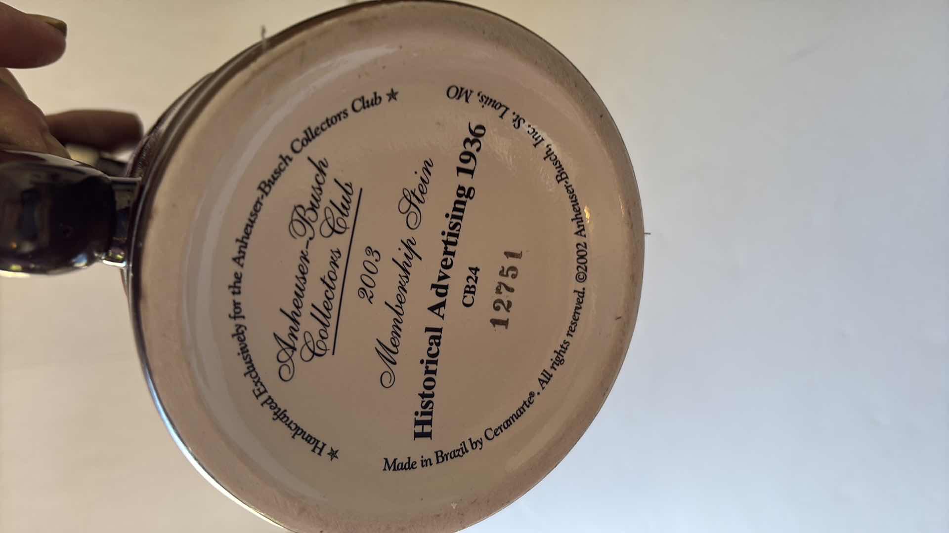 Photo 1 of 2003 ANHEUSER BUSCH COLLECTORS CLUB STEIN “HISTORICAL ADVERTISING 1936” COA