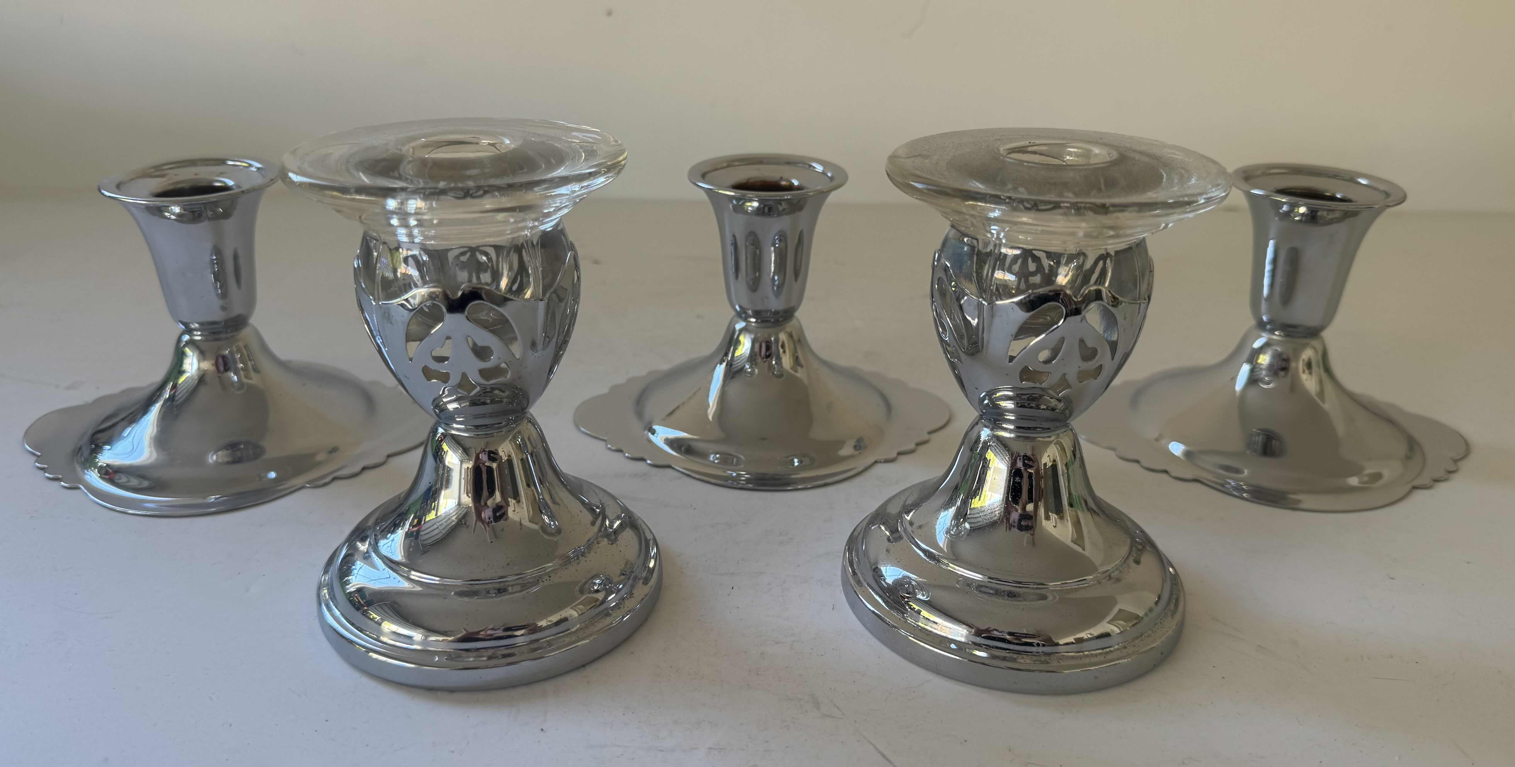 View 2 of 5- KROME KRAFT CANDLE HOLDERS SILVER TONE W3.5” X H5” AND SMALLER