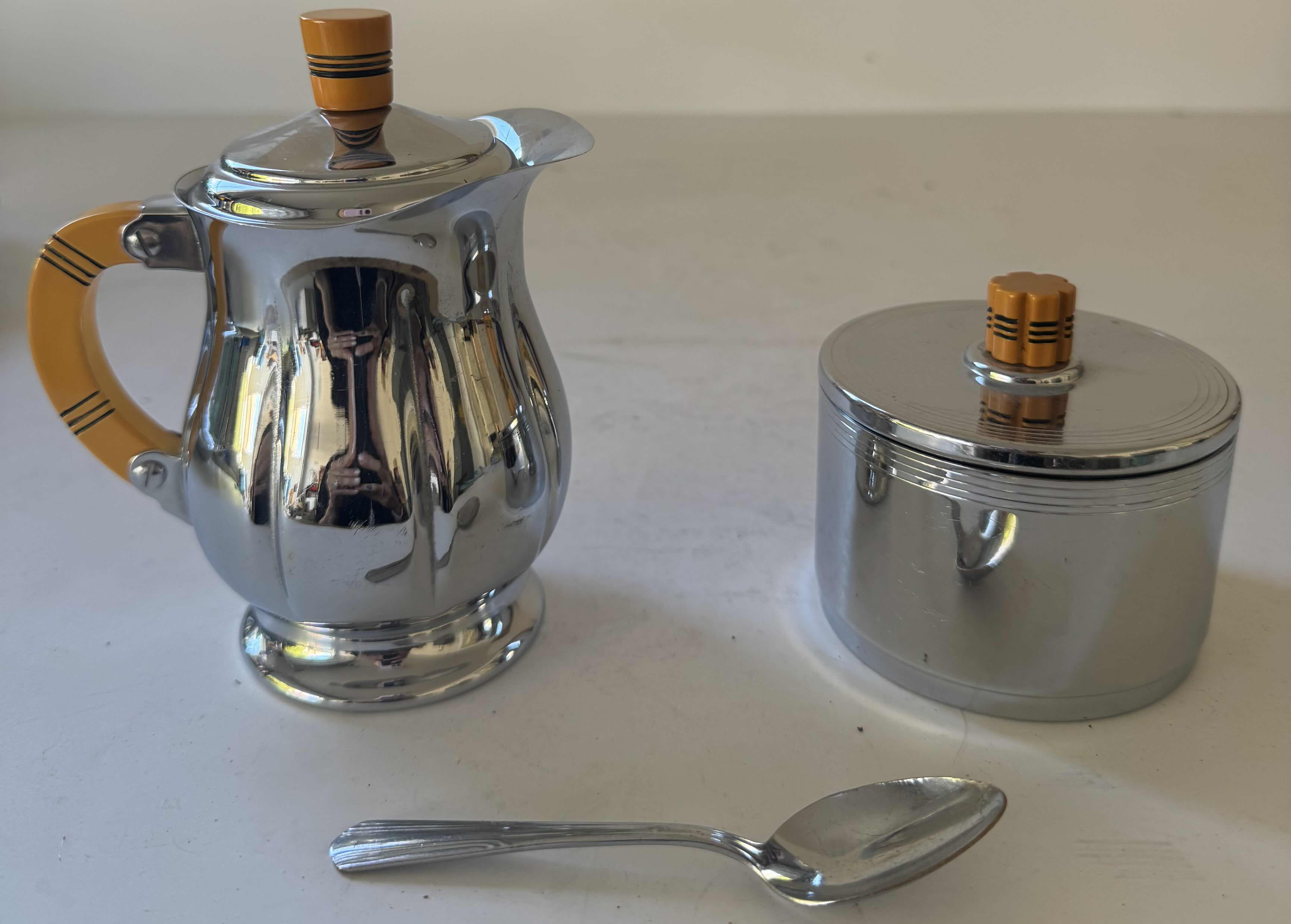 Photo 1 of VINTAGE KROME KRAFT SUGAR BOWL AND CREAMER SET SILVER TONE TRAY SIZE L13.25” X H6”