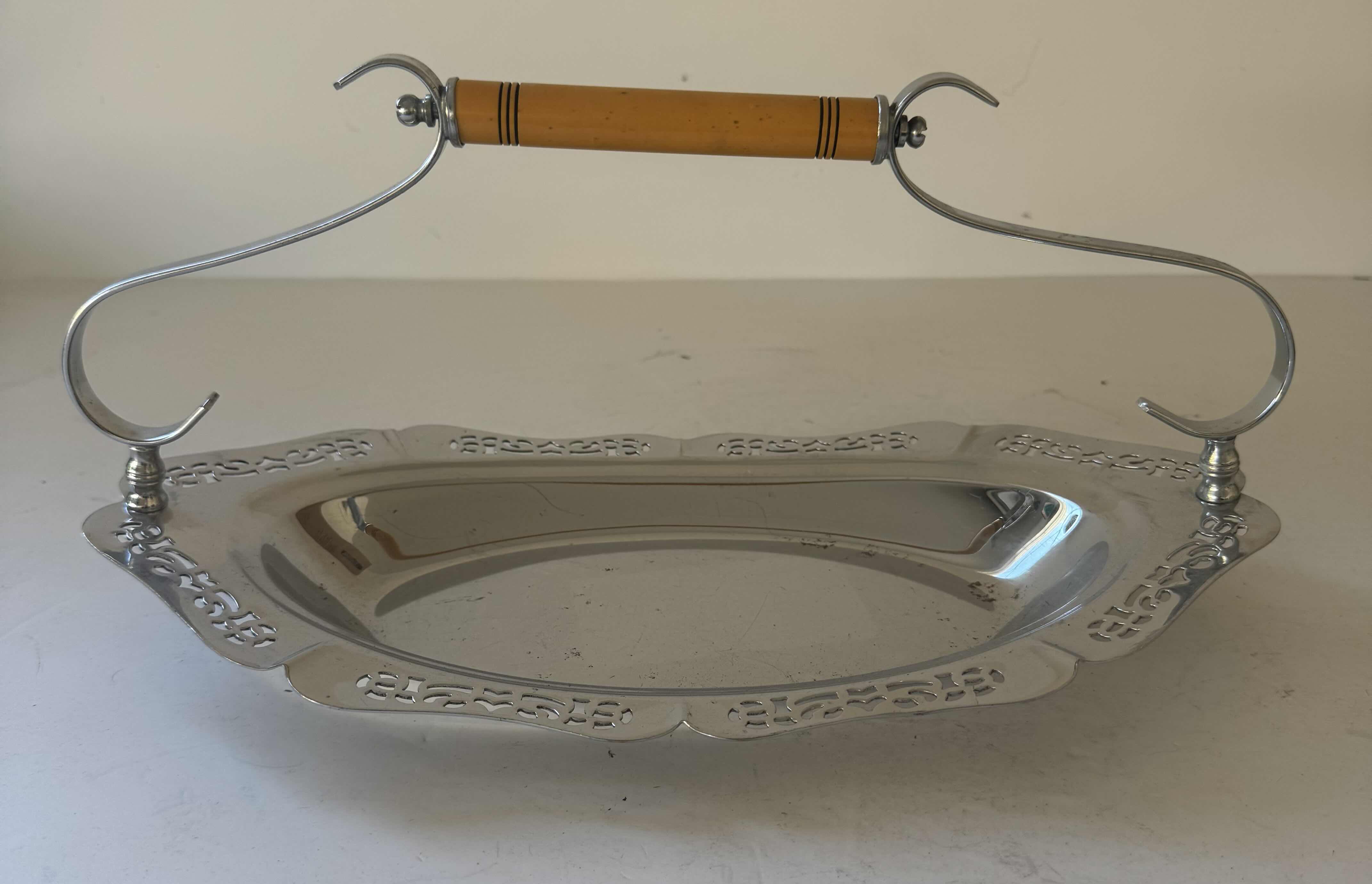 Photo 1 of VINTAGE KROME KRAFT SUGAR BOWL AND CREAMER SET SILVER TONE TRAY SIZE L13.25” X H6”