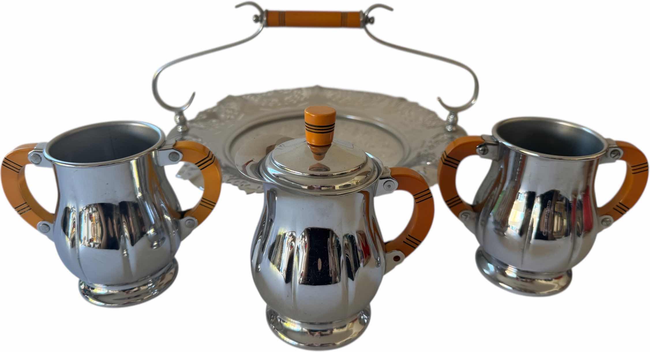 Photo 1 of VINTAGE KROME KRAFT SUGAR BOWL AND CREAMER SET SILVER TONE TRAY SIZE D12” X H6”