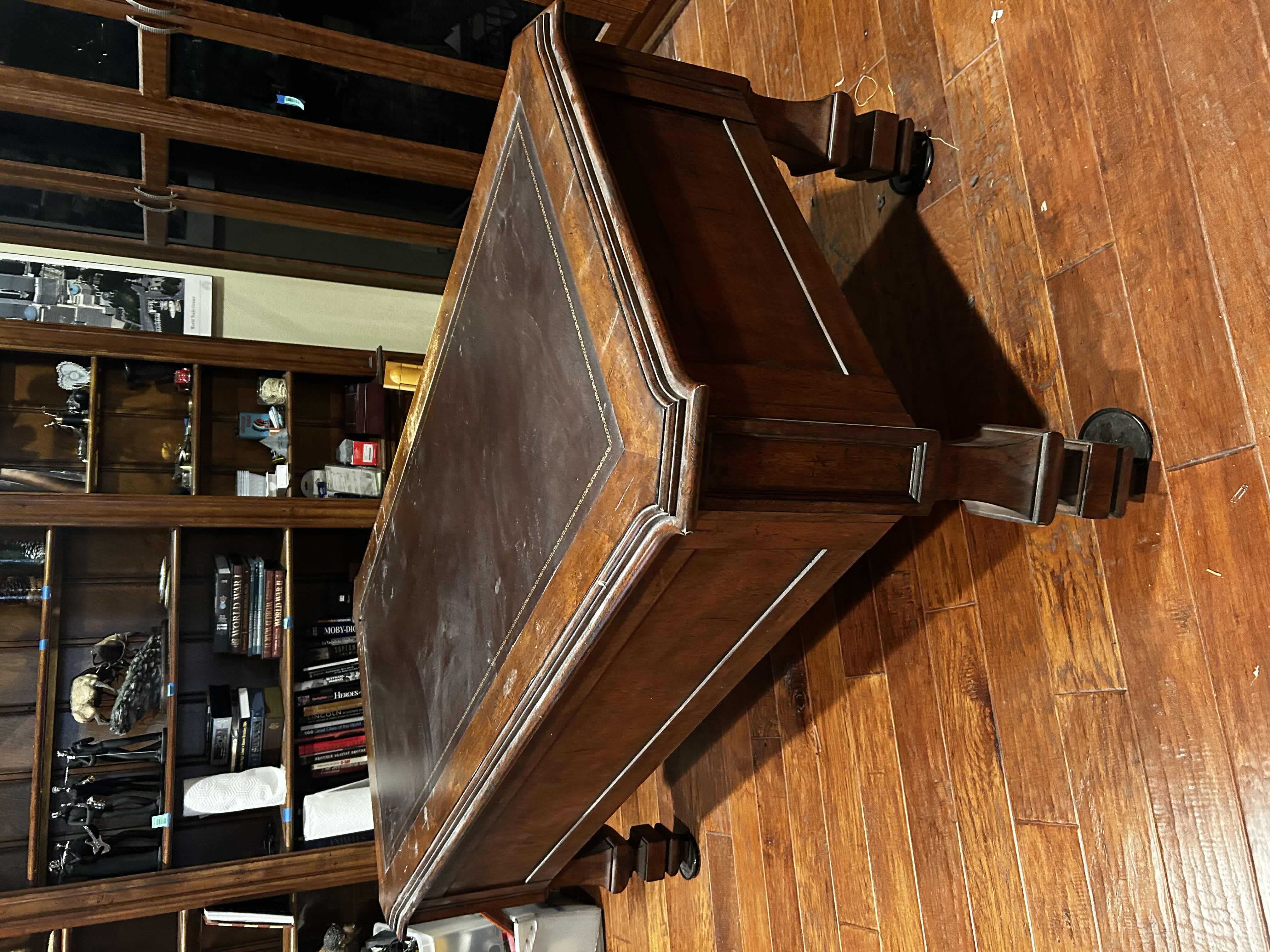 Photo 1 of HICKORY WHITE GRAND MAHOGANY PARTNERS DESK W TOOLED LEATHER TOP 64" X 35"