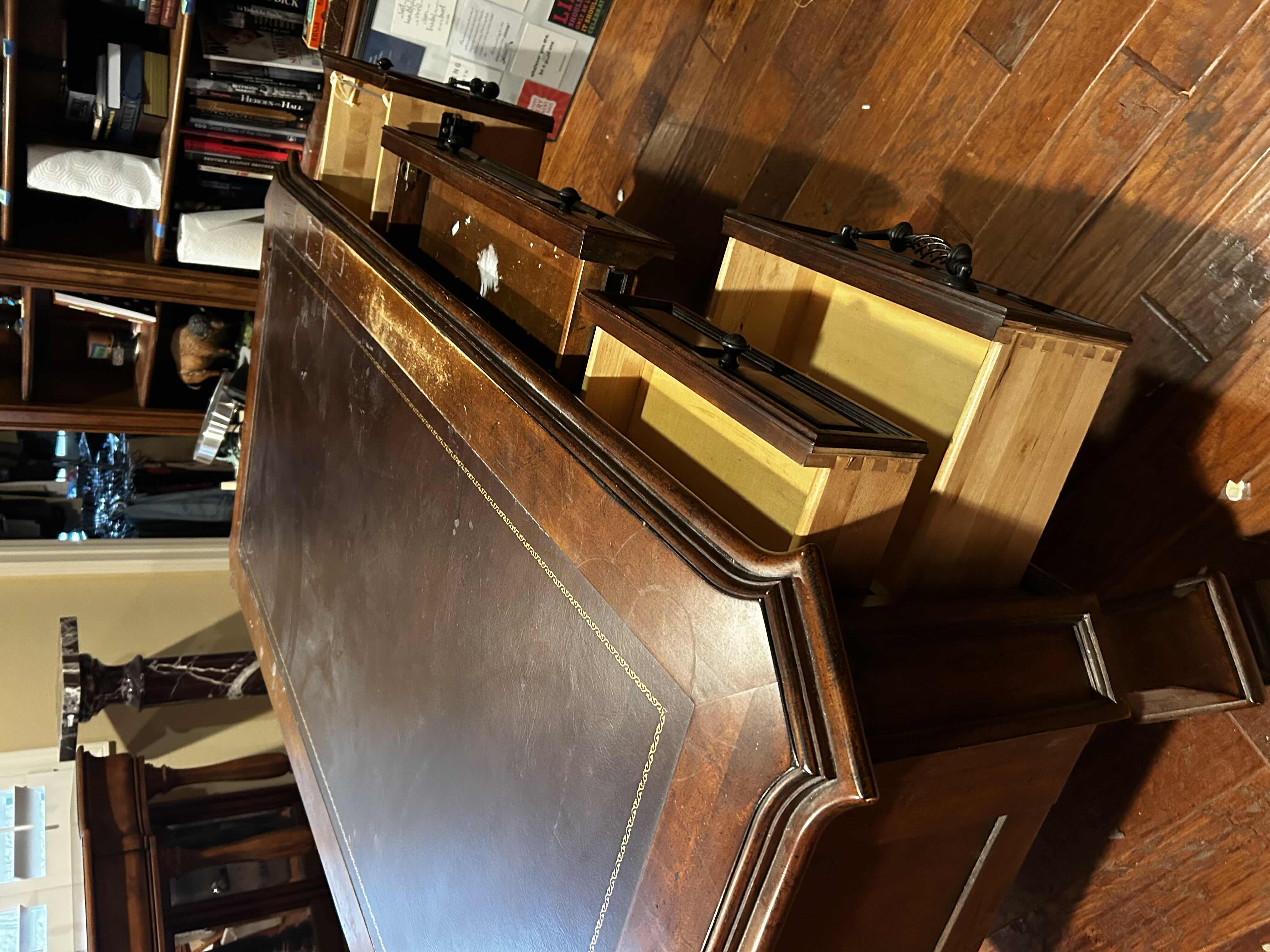 Photo 1 of HICKORY WHITE GRAND MAHOGANY PARTNERS DESK W TOOLED LEATHER TOP 64" X 35"