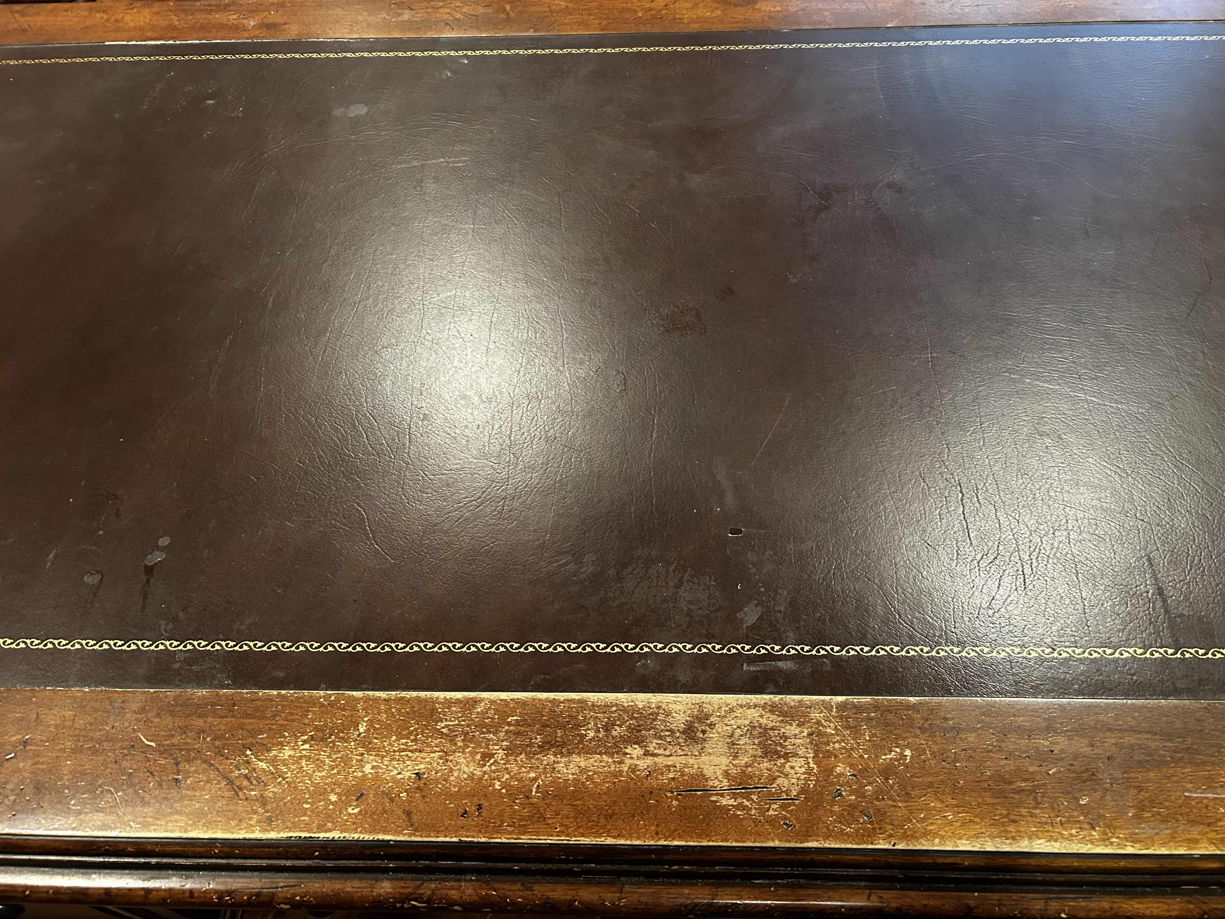 Photo 1 of HICKORY WHITE GRAND MAHOGANY PARTNERS DESK W TOOLED LEATHER TOP 64" X 35"